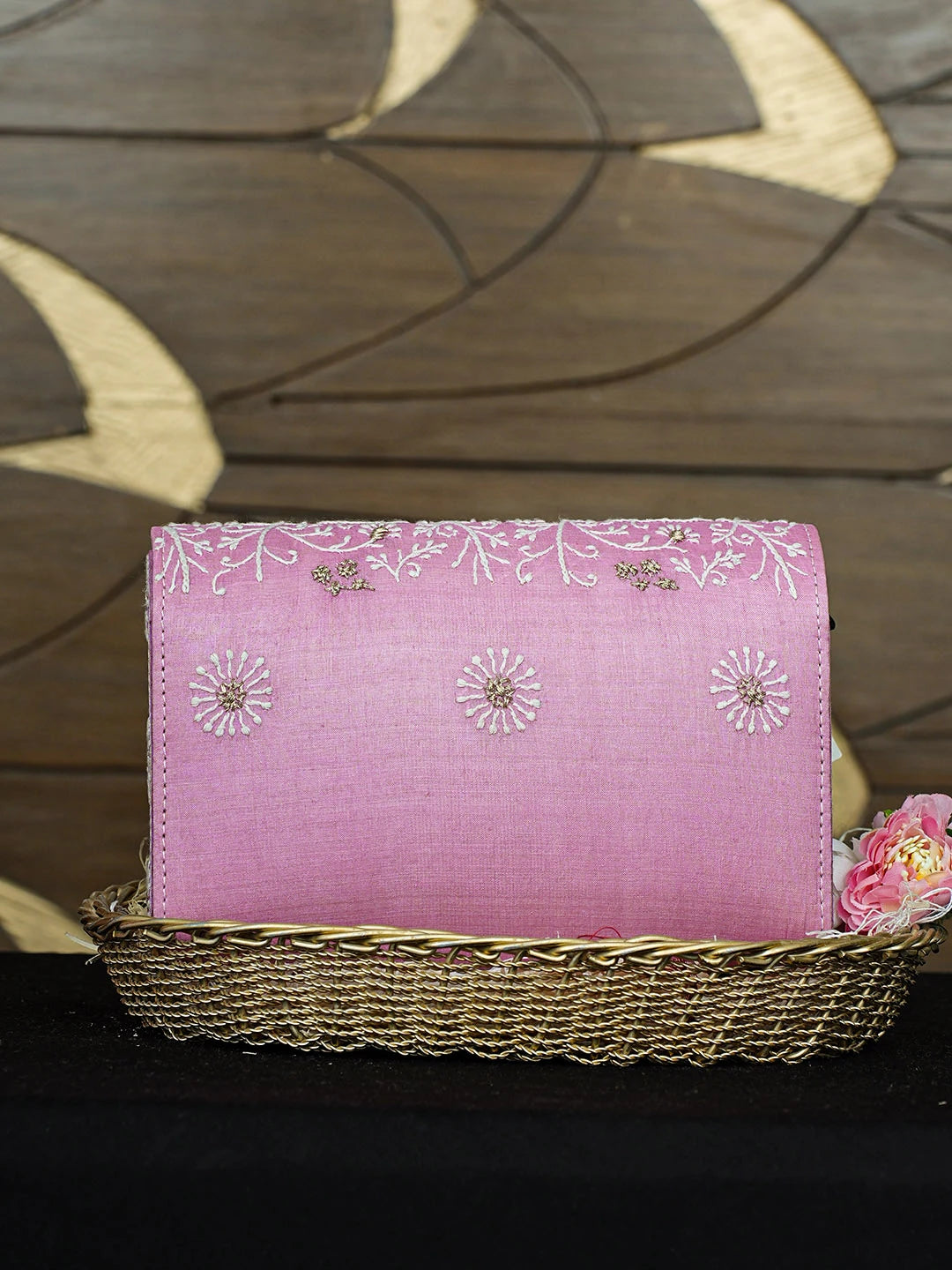 Ada Hand Embroidered Pink Silk Lucknowi Chikankari Clutch With Zari Work 01A921531