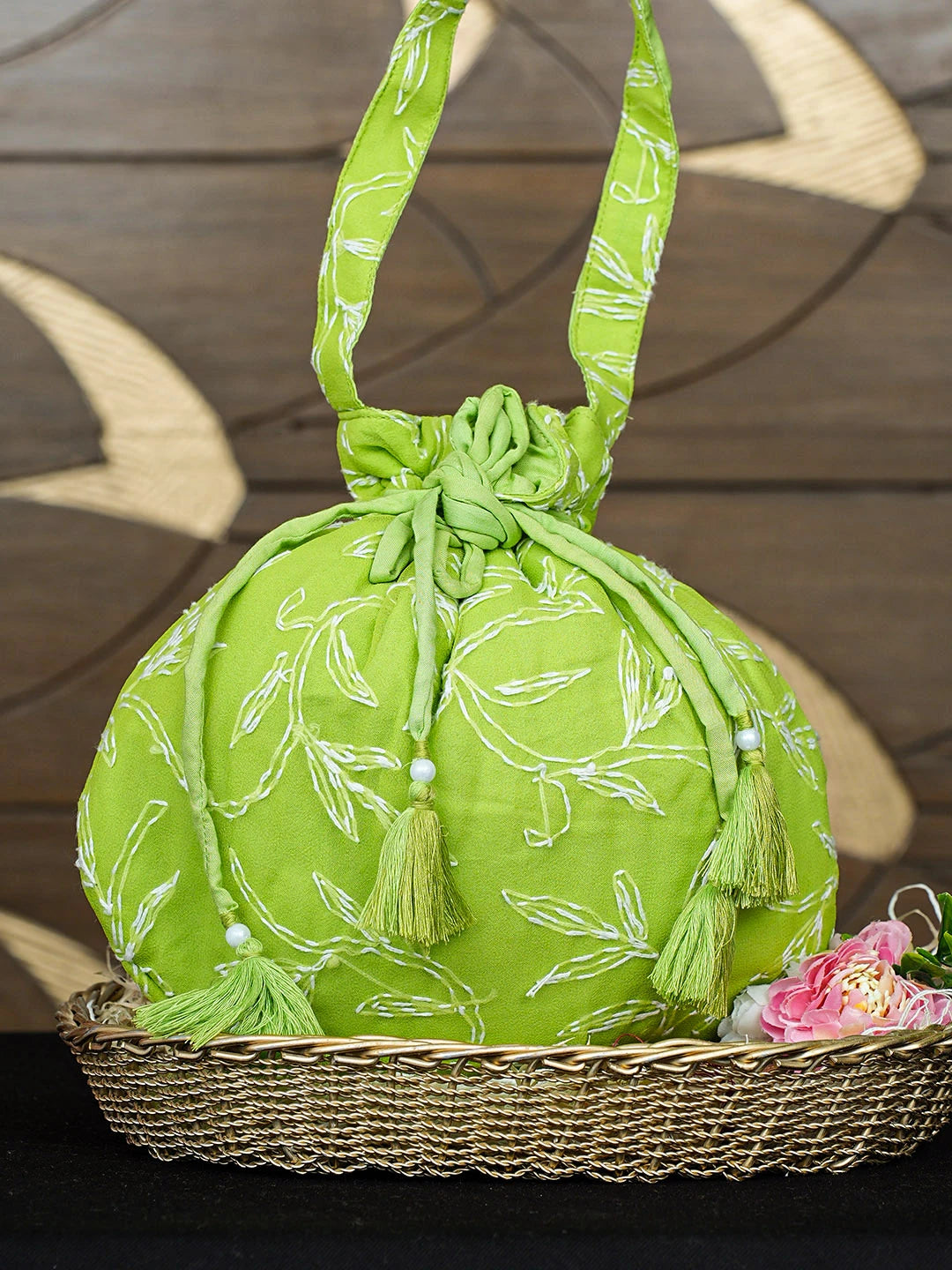 Ada Hand Embroidered Green Faux Georgette Lucknowi Chikankari Potli Bag 01A922781