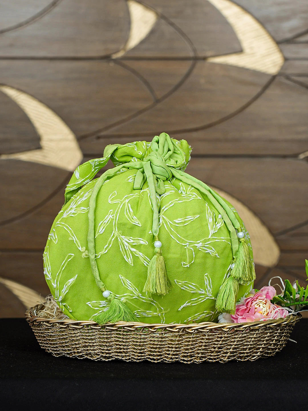 Ada Hand Embroidered Green Faux Georgette Lucknowi Chikankari Potli Bag 01A922781