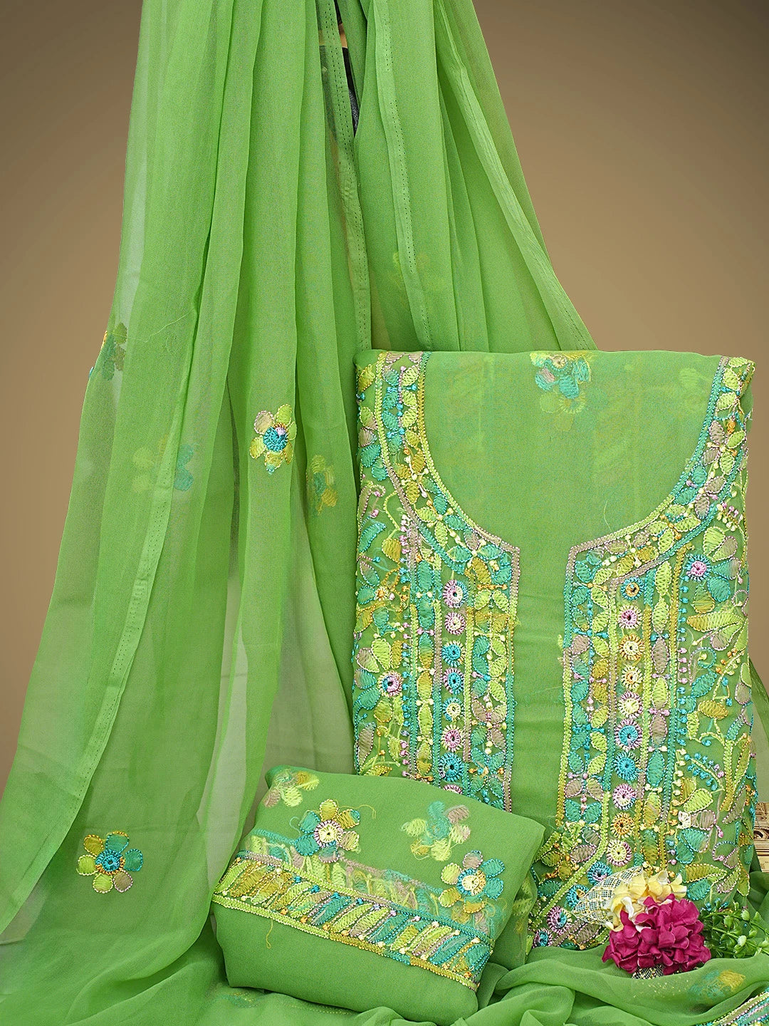 Ada Hand Embroidered Sage Green Georgette Lucknowi Chikankari Unstitched Suit Piece 01A945613