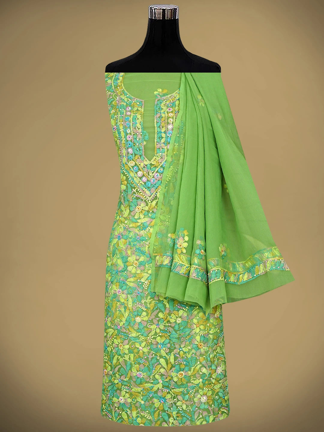 Ada Hand Embroidered Sage Green Georgette Lucknowi Chikankari Unstitched Suit Piece 01A945613