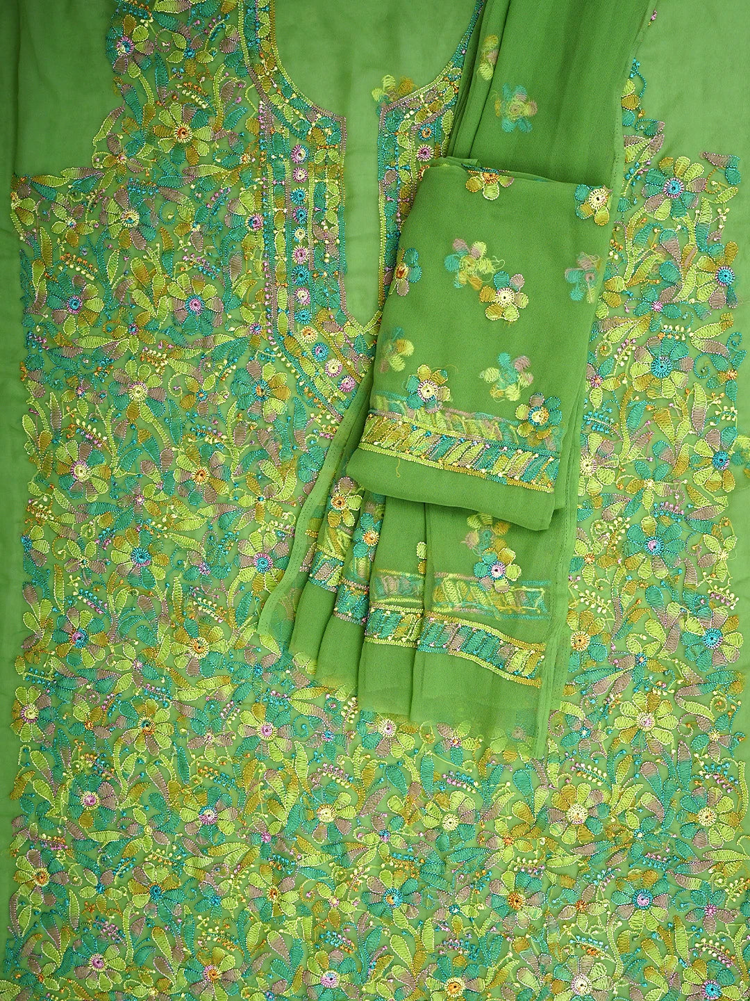 Ada Hand Embroidered Sage Green Georgette Lucknowi Chikankari Unstitched Suit Piece 01A945613
