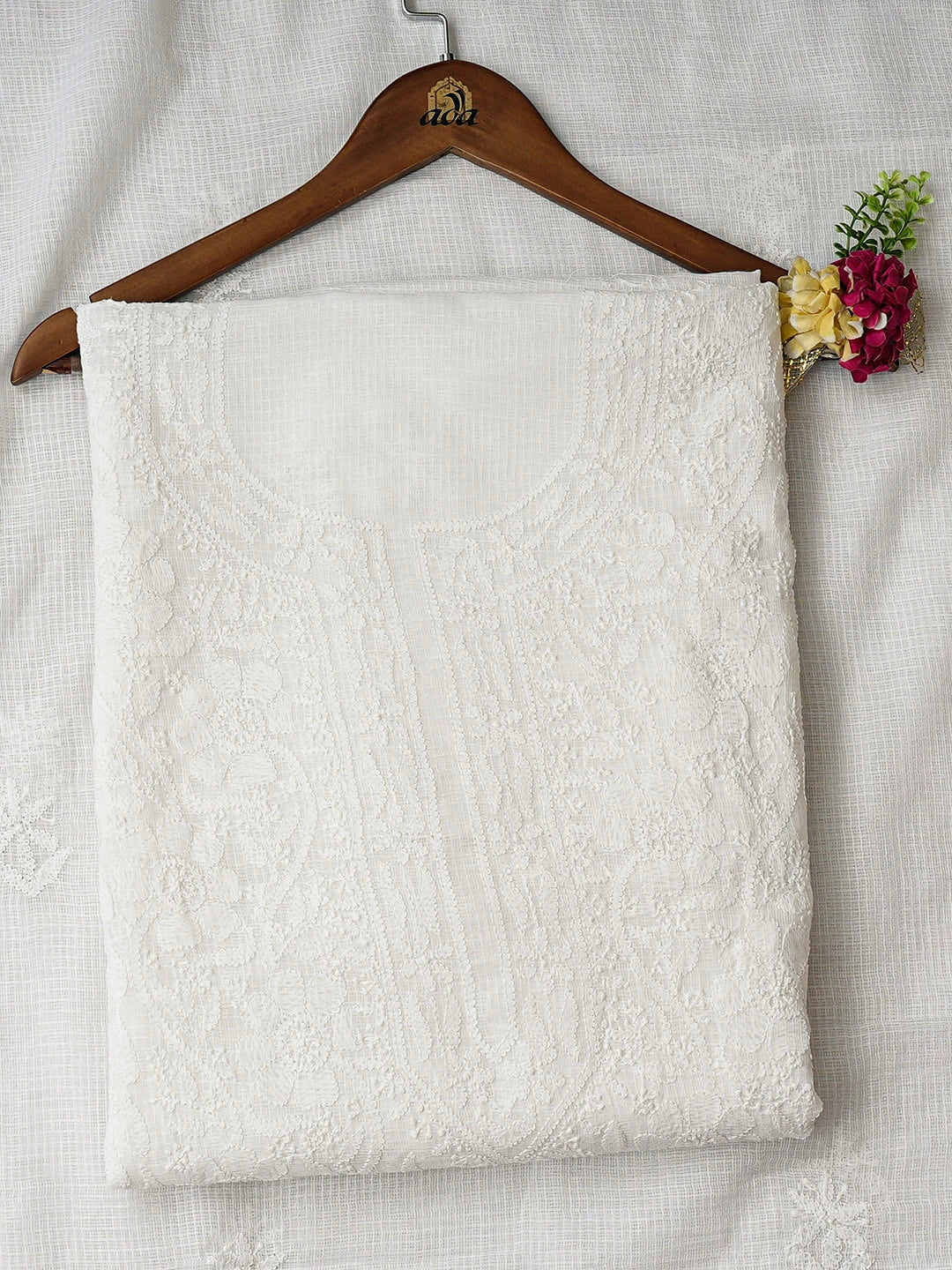 Ada Hand Embroidere White Kota Lucknowi Chikankari Unstitched Kurta Dupatta Set 01A903788