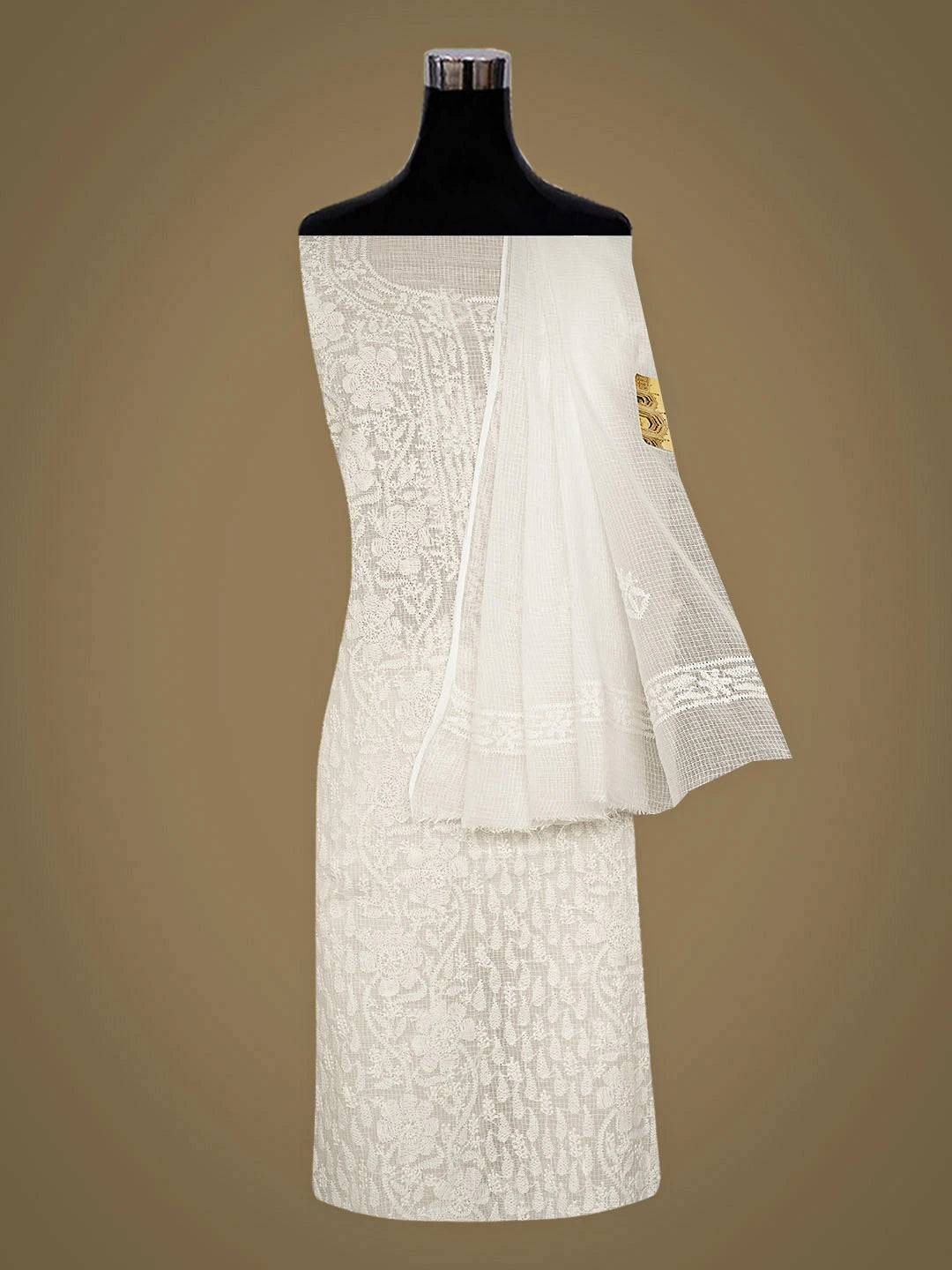 Ada Hand Embroidere White Kota Lucknowi Chikankari Unstitched Kurta Dupatta Set 01A903788