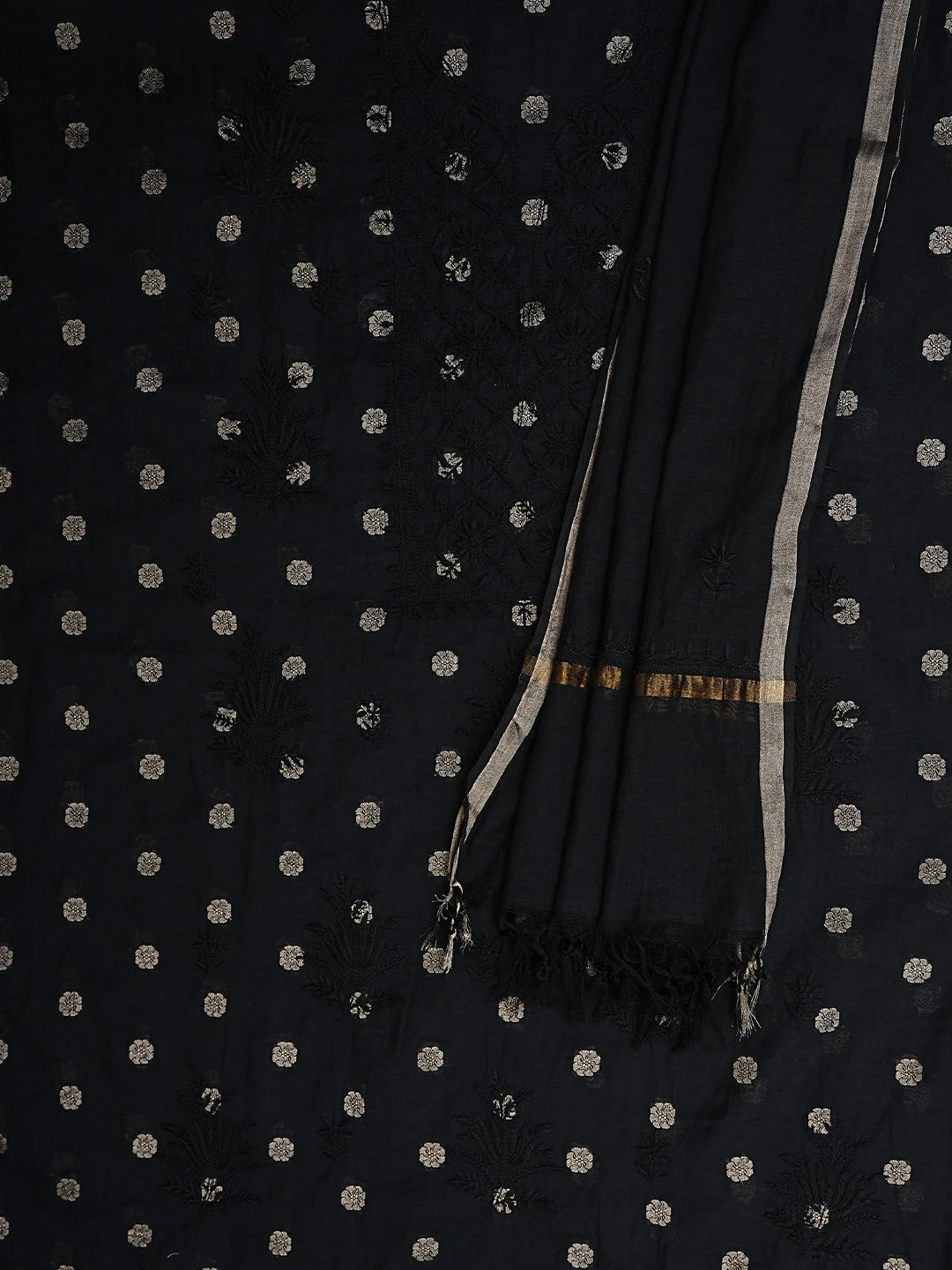 Ada Hand Embroidered Black Chanderi Lucknowi Chikankari Unstitched Kurta Dupatta Set 01A741606