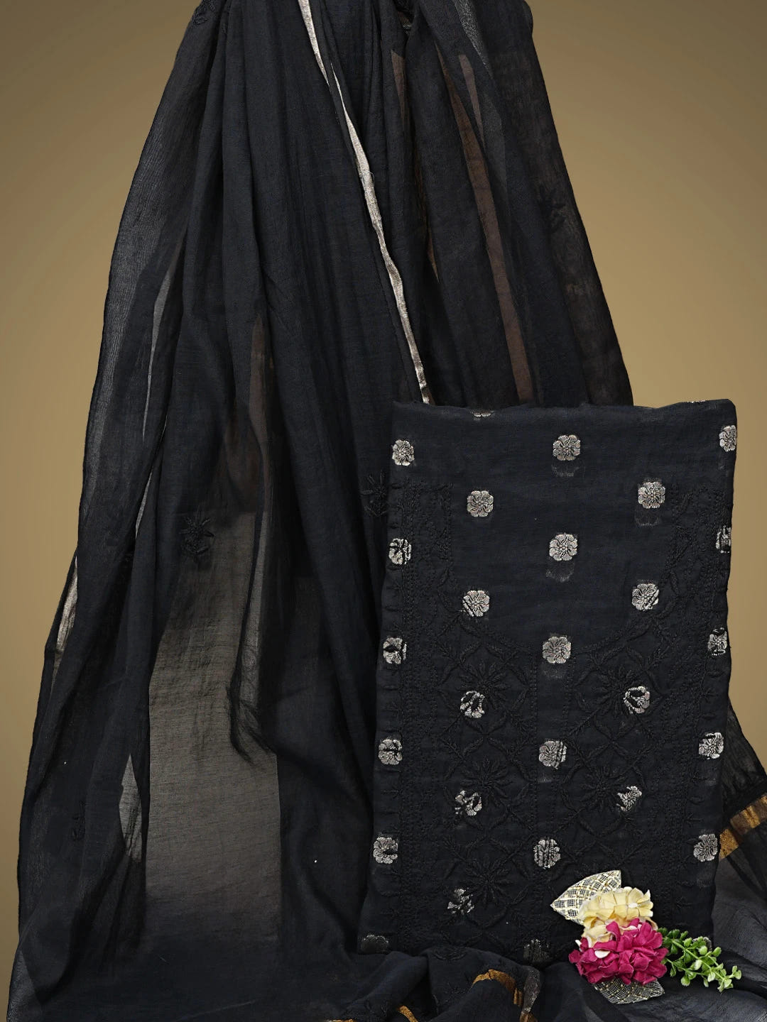 Ada Hand Embroidered Black Chanderi Lucknowi Chikankari Unstitched Kurta Dupatta Set 01A741606