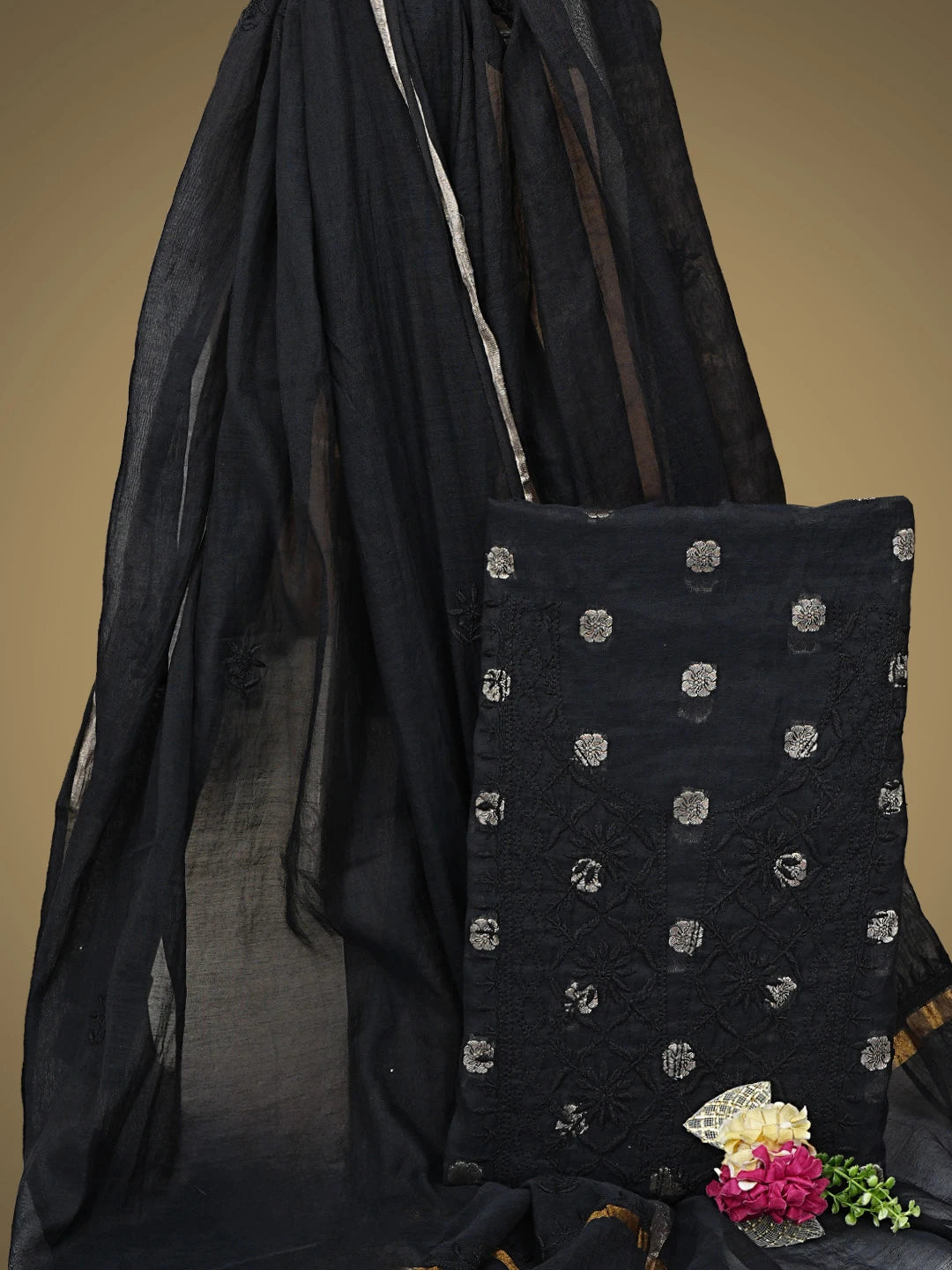 Ada Hand Embroidered Black Chanderi Lucknowi Chikankari Unstitched Kurta Dupatta Set 01A741606