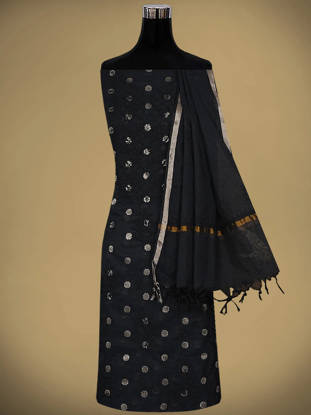 Ada Hand Embroidered Black Chanderi Lucknowi Chikankari Unstitched Kurta Dupatta Set 01A741606