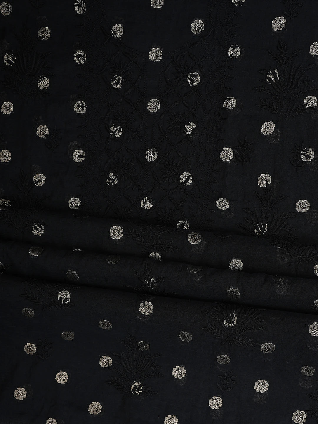 Ada Hand Embroidered Black Chanderi Lucknowi Chikankari Unstitched Kurta Dupatta Set 01A741606