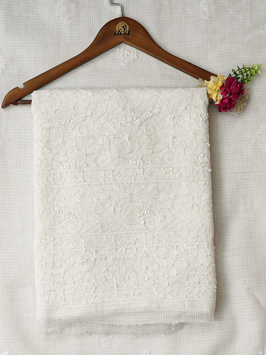 Ada Hand Embroidere White Kota Lucknowi Chikankari Unstitched Kurta Dupatta Set 01A219554
