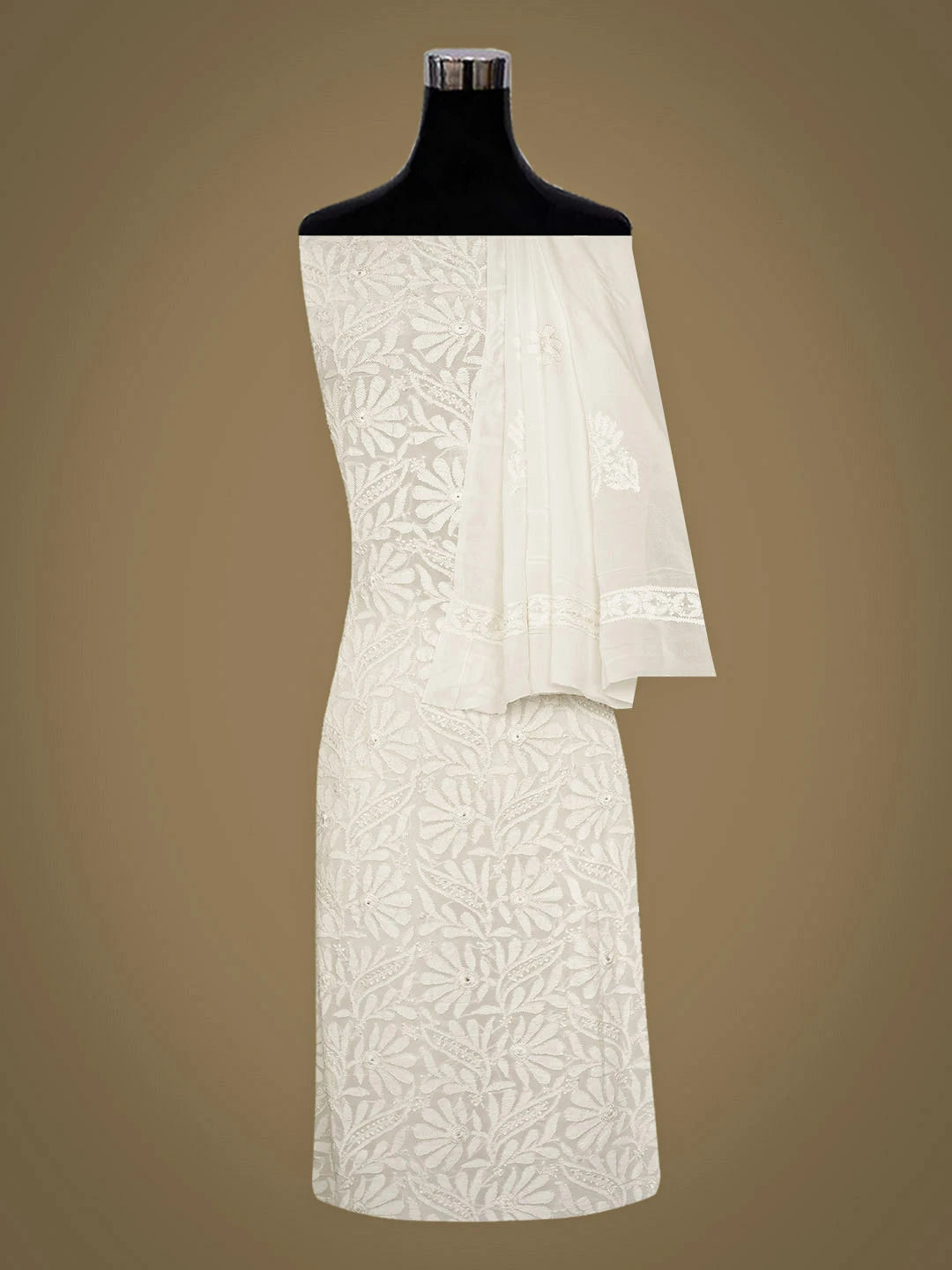 Ada Hand Embroidere White Viscose Georgette Lucknowi Chikankari Unstitched Kurta Dupatta Set 01A946293
