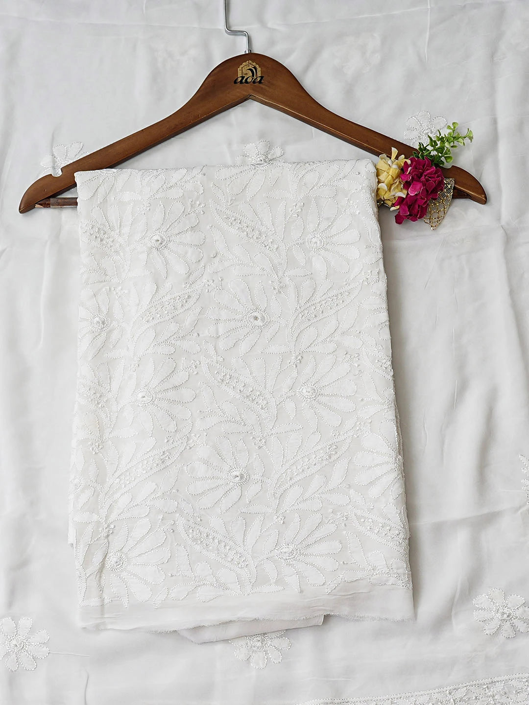 Ada Hand Embroidere White Viscose Georgette Lucknowi Chikankari Unstitched Kurta Dupatta Set 01A946293