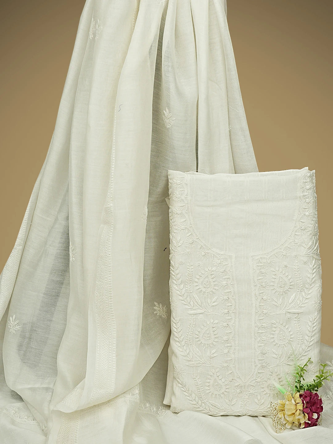Ada Hand Embroidered White Ivory Chanderi Lucknowi Chikankari Unstitched Kurta Dupatta Set 01A935454