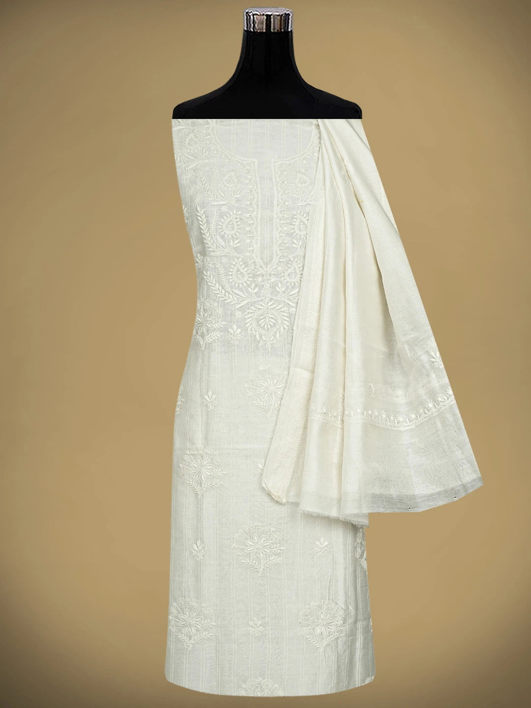 Ada Hand Embroidered White Ivory Chanderi Lucknowi Chikankari Unstitched Kurta Dupatta Set 01A935454