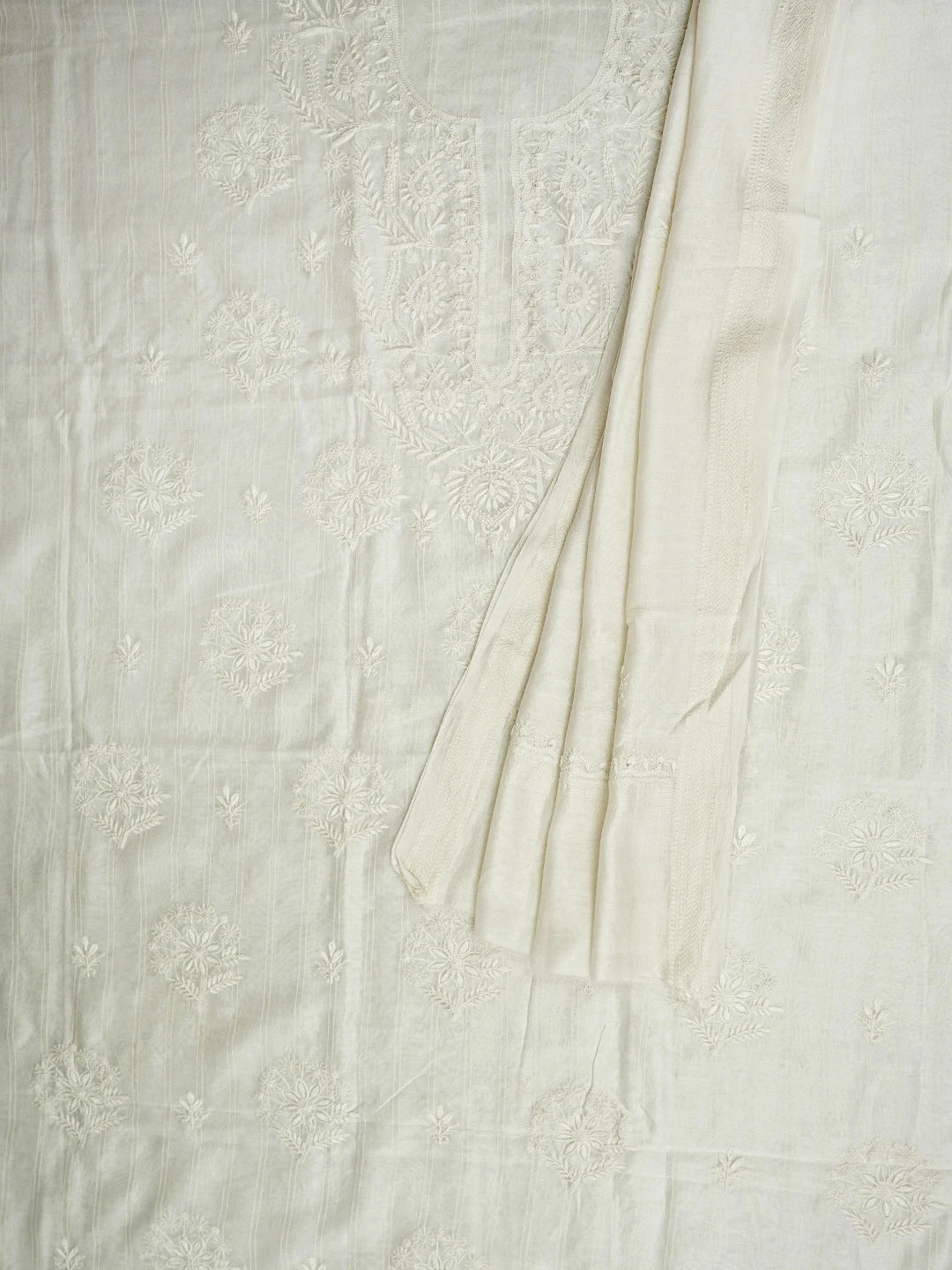 Ada Hand Embroidered White Ivory Chanderi Lucknowi Chikankari Unstitched Kurta Dupatta Set 01A935454