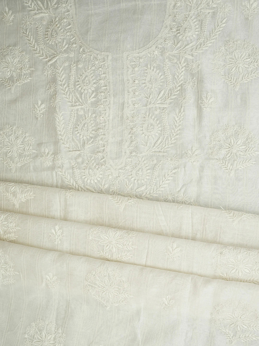 Ada Hand Embroidered White Ivory Chanderi Lucknowi Chikankari Unstitched Kurta Dupatta Set 01A935454