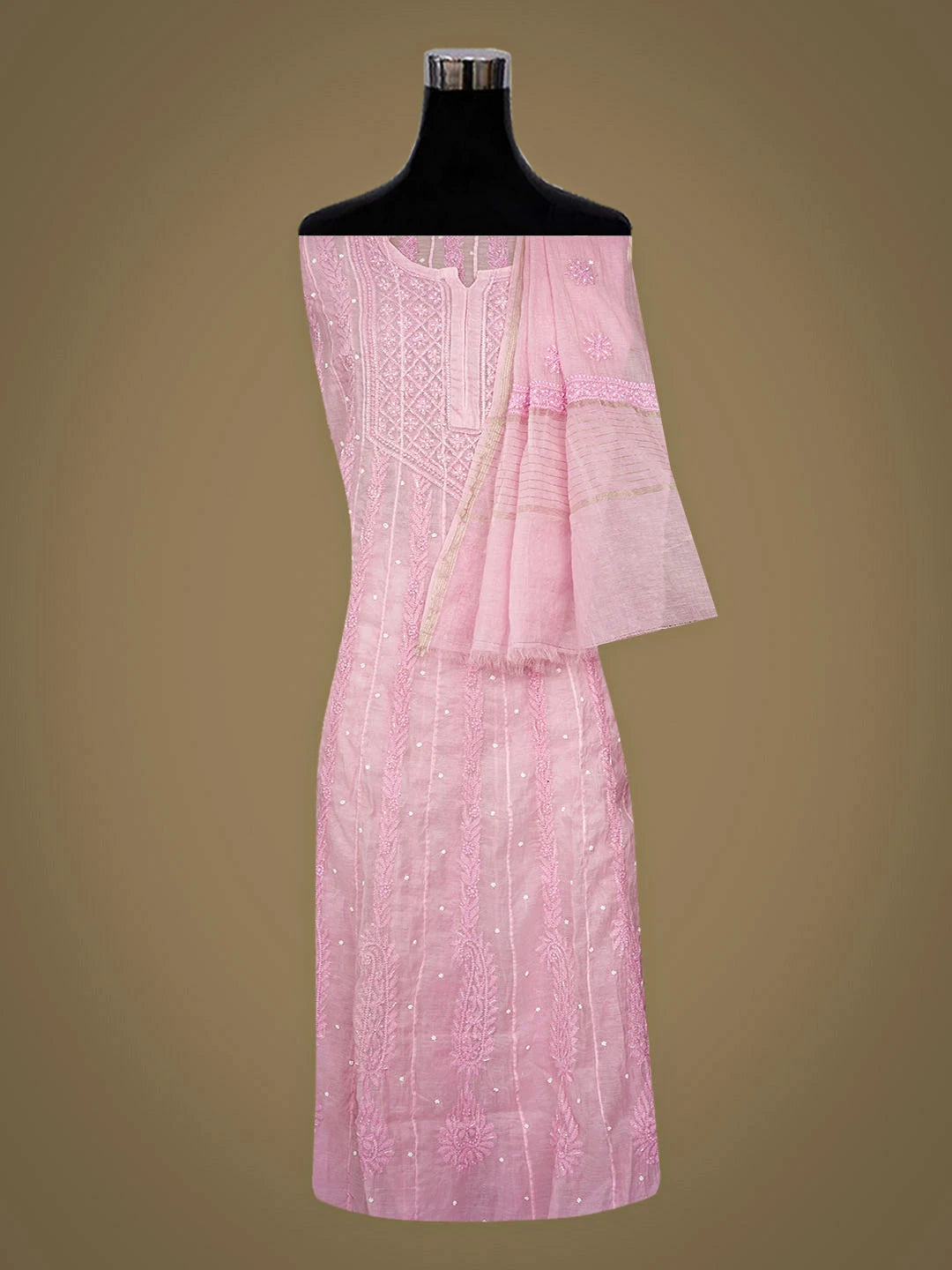 Ada Hand Embroidered Pink Chanderi Lucknowi Chikankari Semi-Stitched Anarkali Kurta Dupatta Set With Pearl Work 01A939604