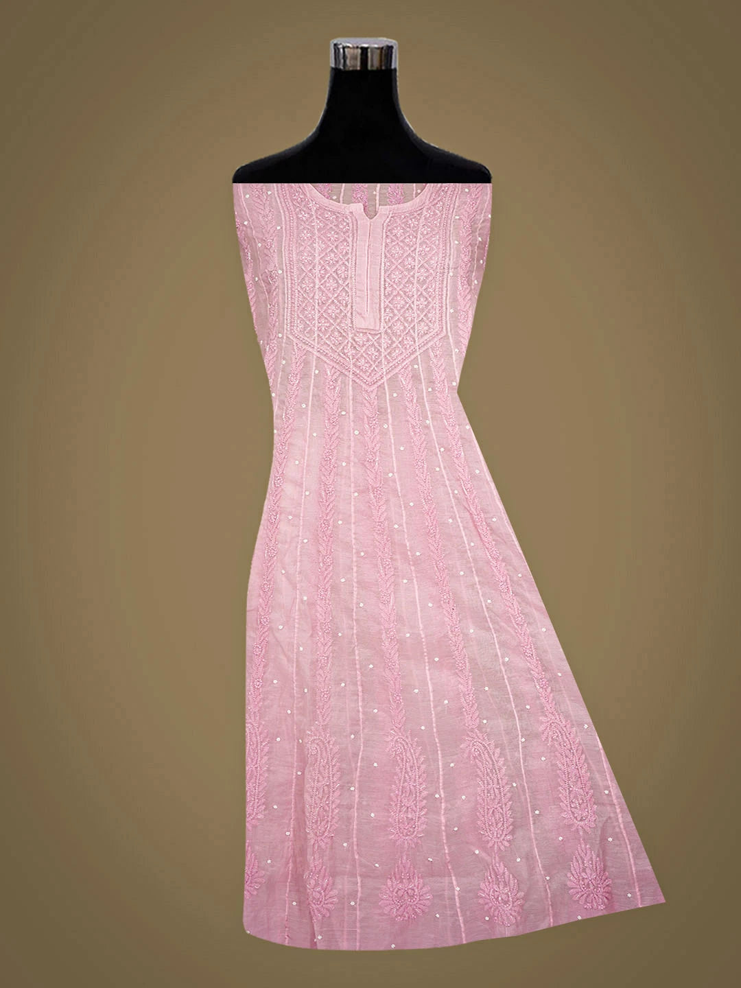 Ada Hand Embroidered Pink Chanderi Lucknowi Chikankari Semi-Stitched Anarkali Kurta Dupatta Set With Pearl Work 01A939604