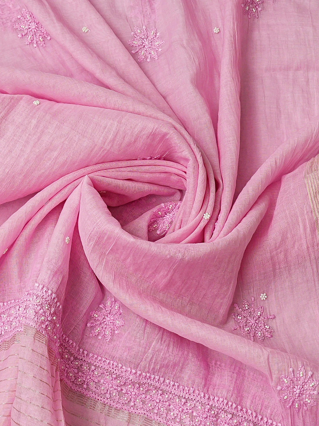 Ada Hand Embroidered Pink Chanderi Lucknowi Chikankari Semi-Stitched Anarkali Kurta Dupatta Set With Pearl Work 01A939604