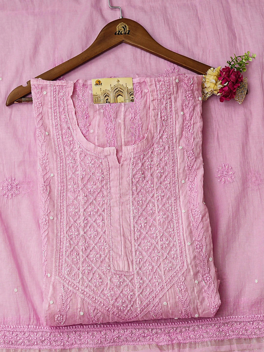 Ada Hand Embroidered Pink Chanderi Lucknowi Chikankari Semi-Stitched Anarkali Kurta Dupatta Set With Pearl Work 01A939604