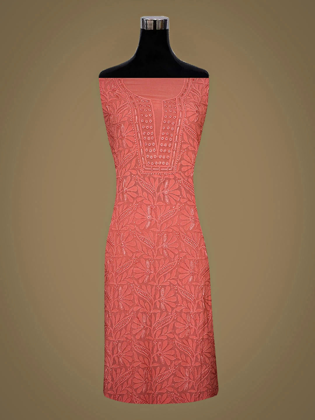 Ada Hand Embroidere Carrot Pink Viscose Georgette Lucknowi Chikankari Unstitched Kurta Dupatta Set 01A946282
