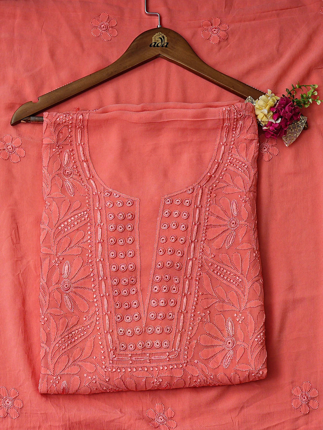 Ada Hand Embroidere Carrot Pink Viscose Georgette Lucknowi Chikankari Unstitched Kurta Dupatta Set 01A946282