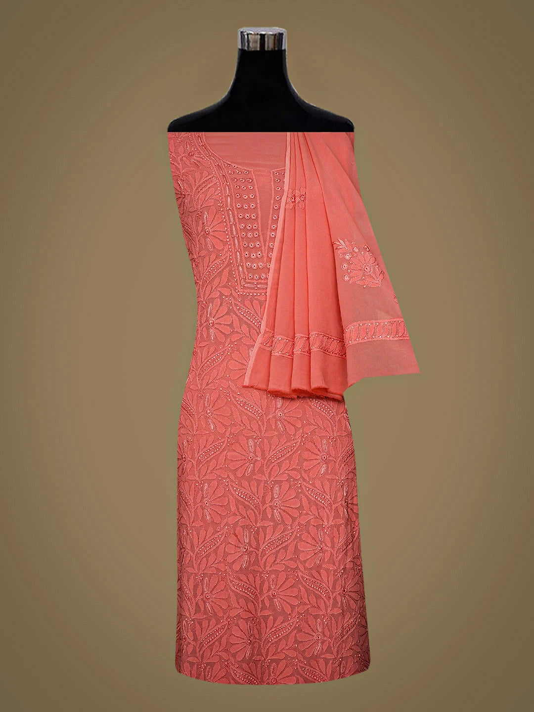 Ada Hand Embroidere Carrot Pink Viscose Georgette Lucknowi Chikankari Unstitched Kurta Dupatta Set 01A946282