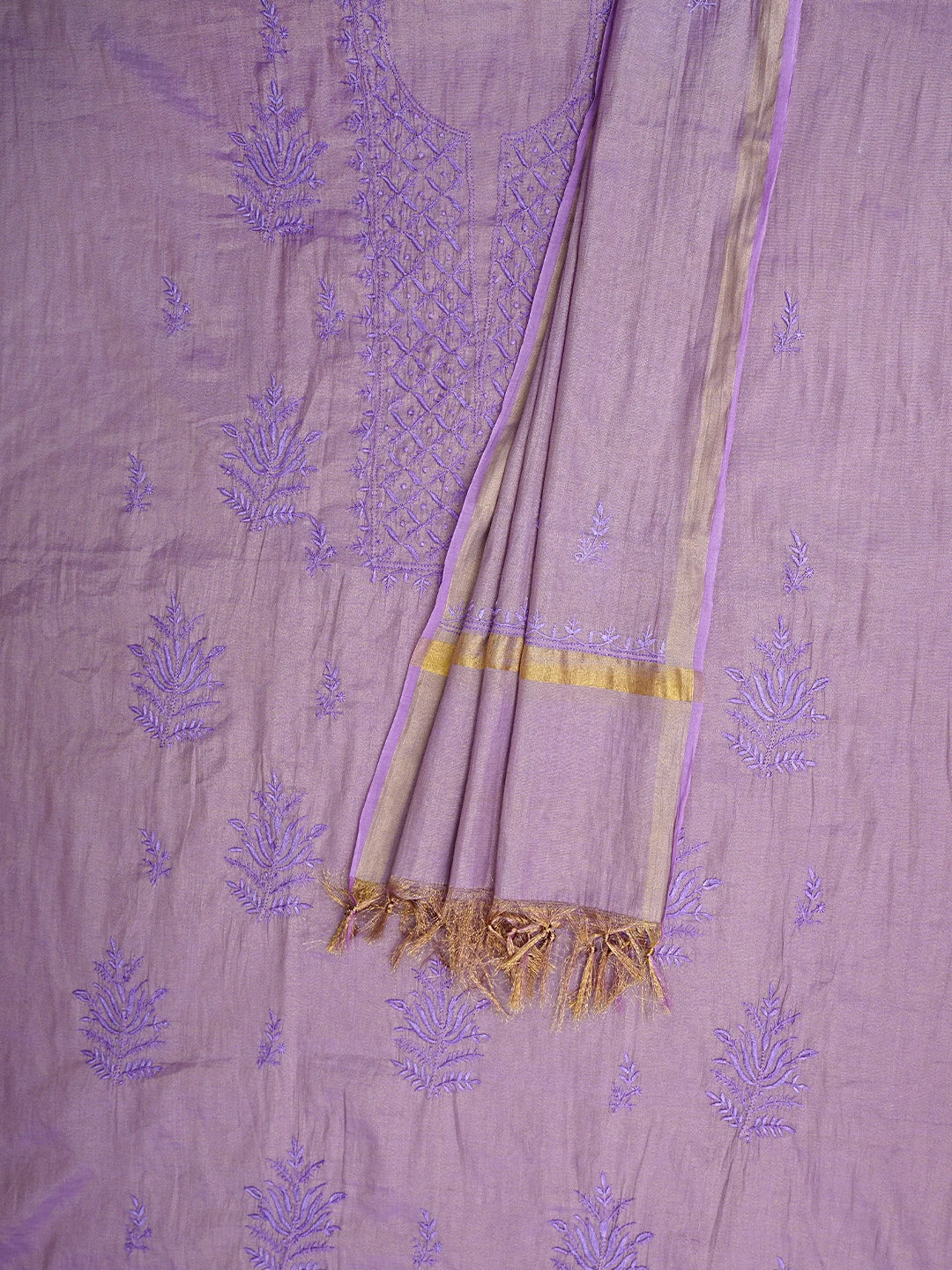 Ada Hand Embroidered Lilac Lavender Tissue Lucknowi Chikankari Unstitched Kurta Dupatta Set 01A946084
