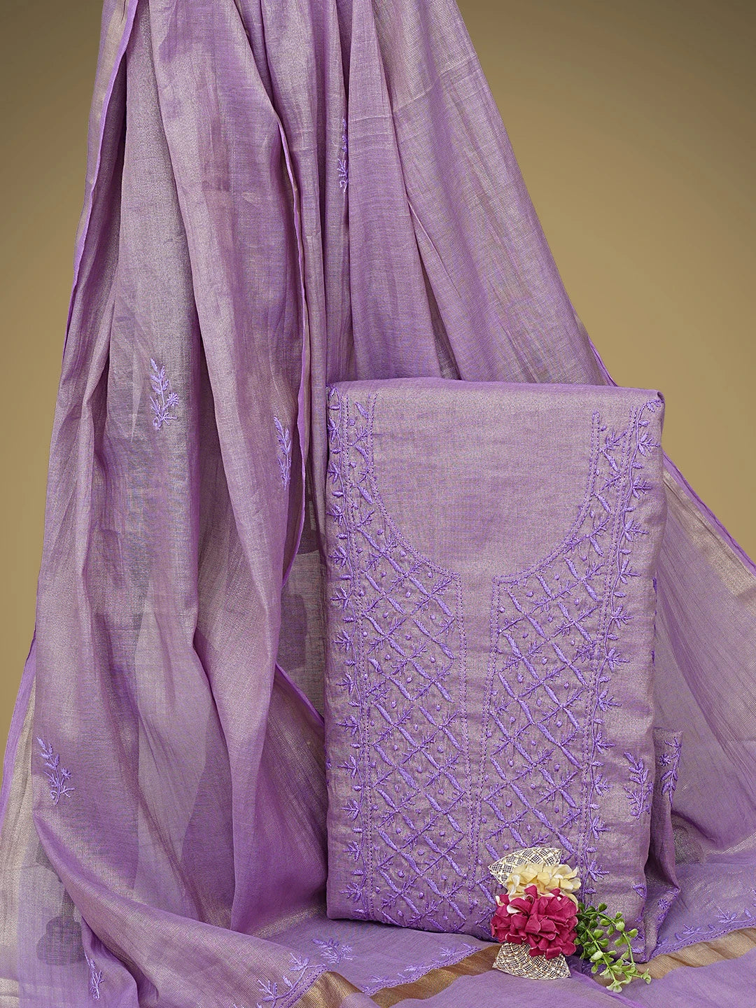 Ada Hand Embroidered Lilac Lavender Tissue Lucknowi Chikankari Unstitched Kurta Dupatta Set 01A946084