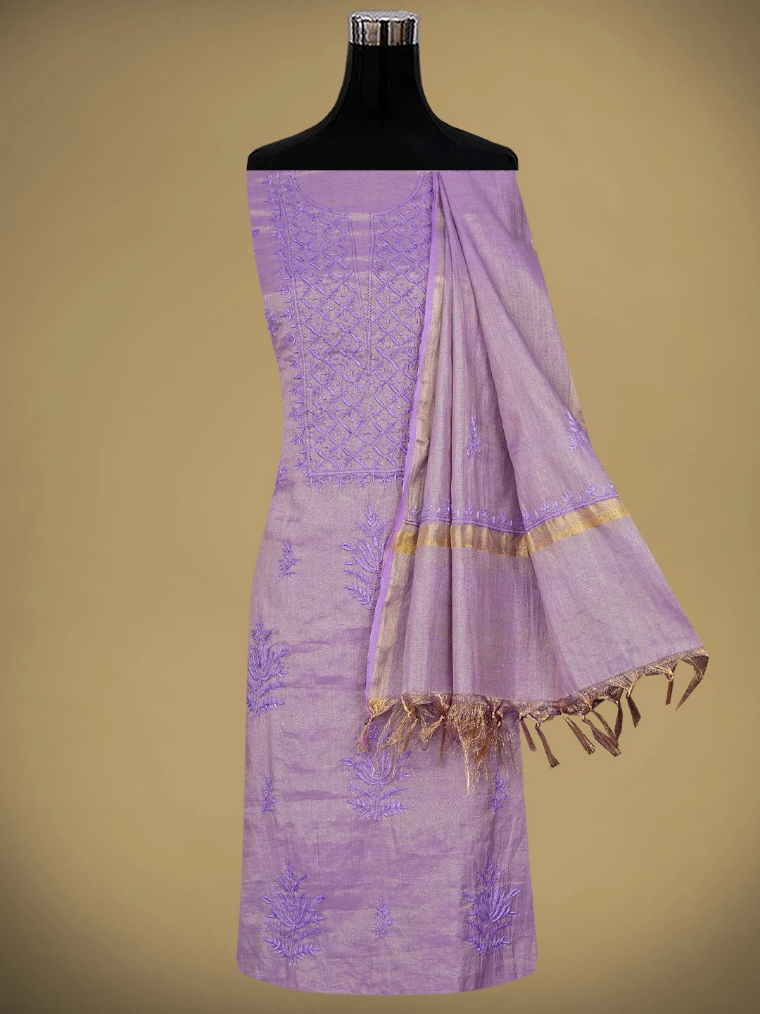 Ada Hand Embroidered Lilac Lavender Tissue Lucknowi Chikankari Unstitched Kurta Dupatta Set 01A946084