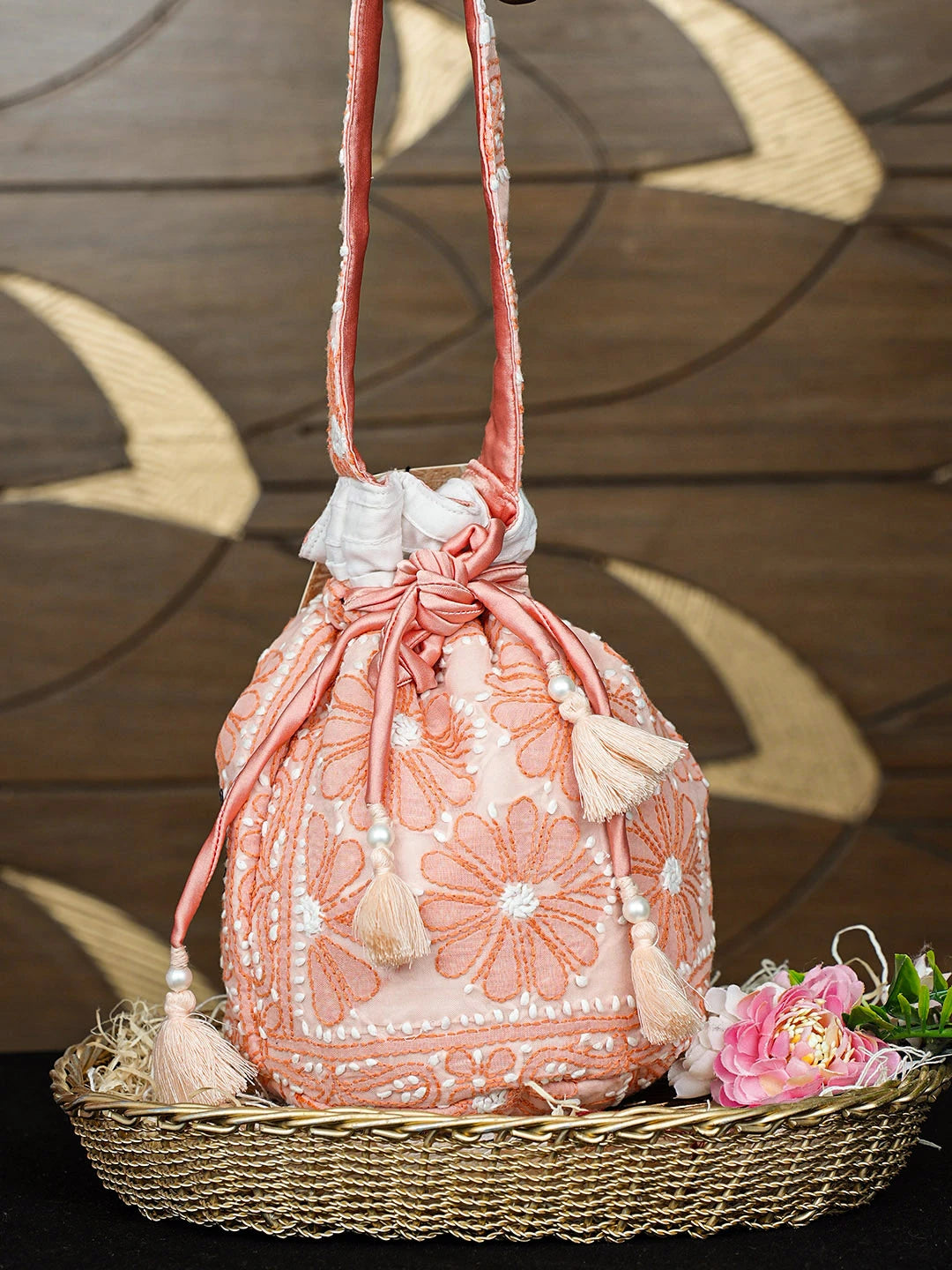 Ada Hand Embroidered Peach Cotton Lucknowi Chikankari Potli Bag 01A937134