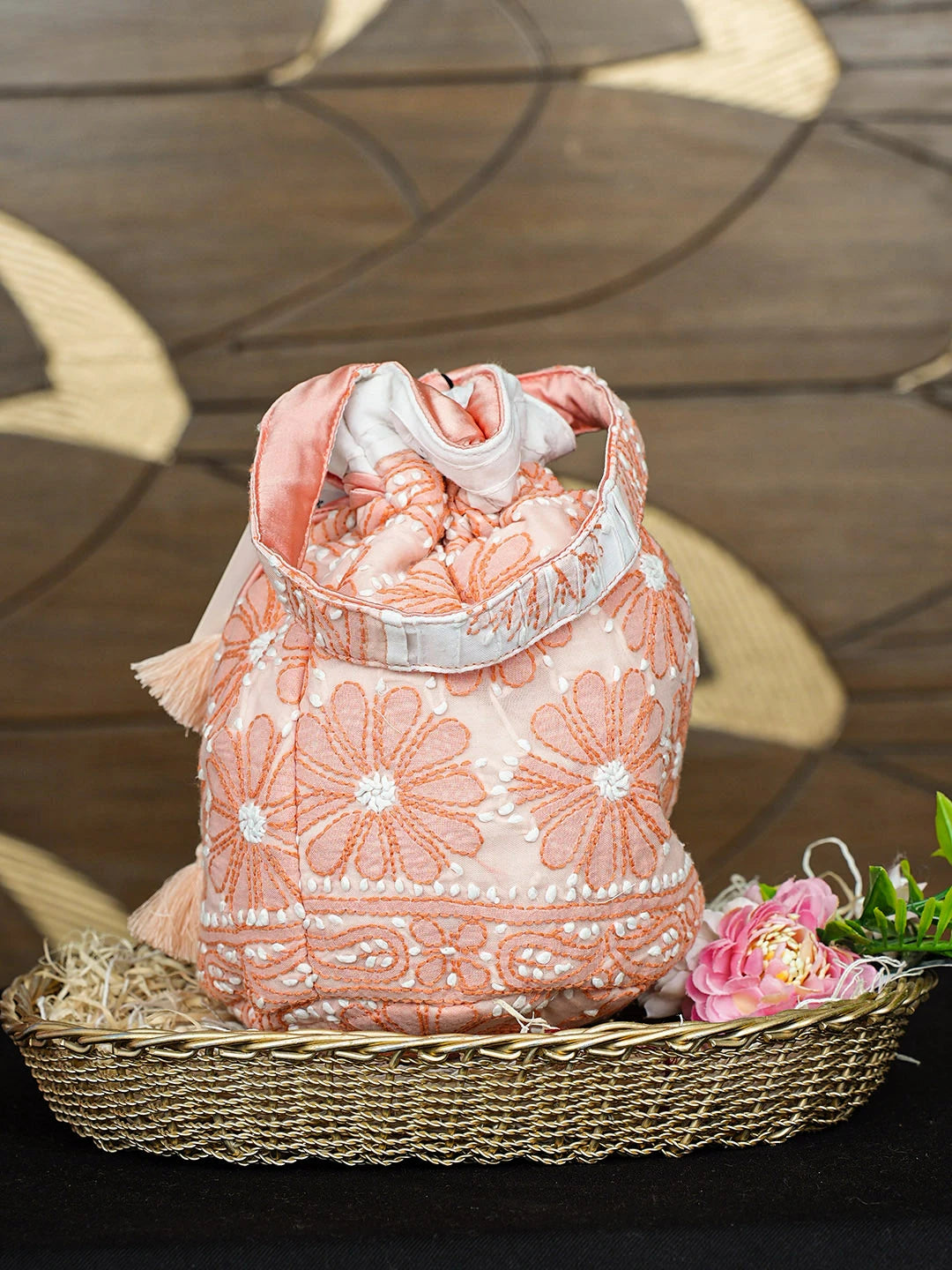 Ada Hand Embroidered Peach Cotton Lucknowi Chikankari Potli Bag 01A937134