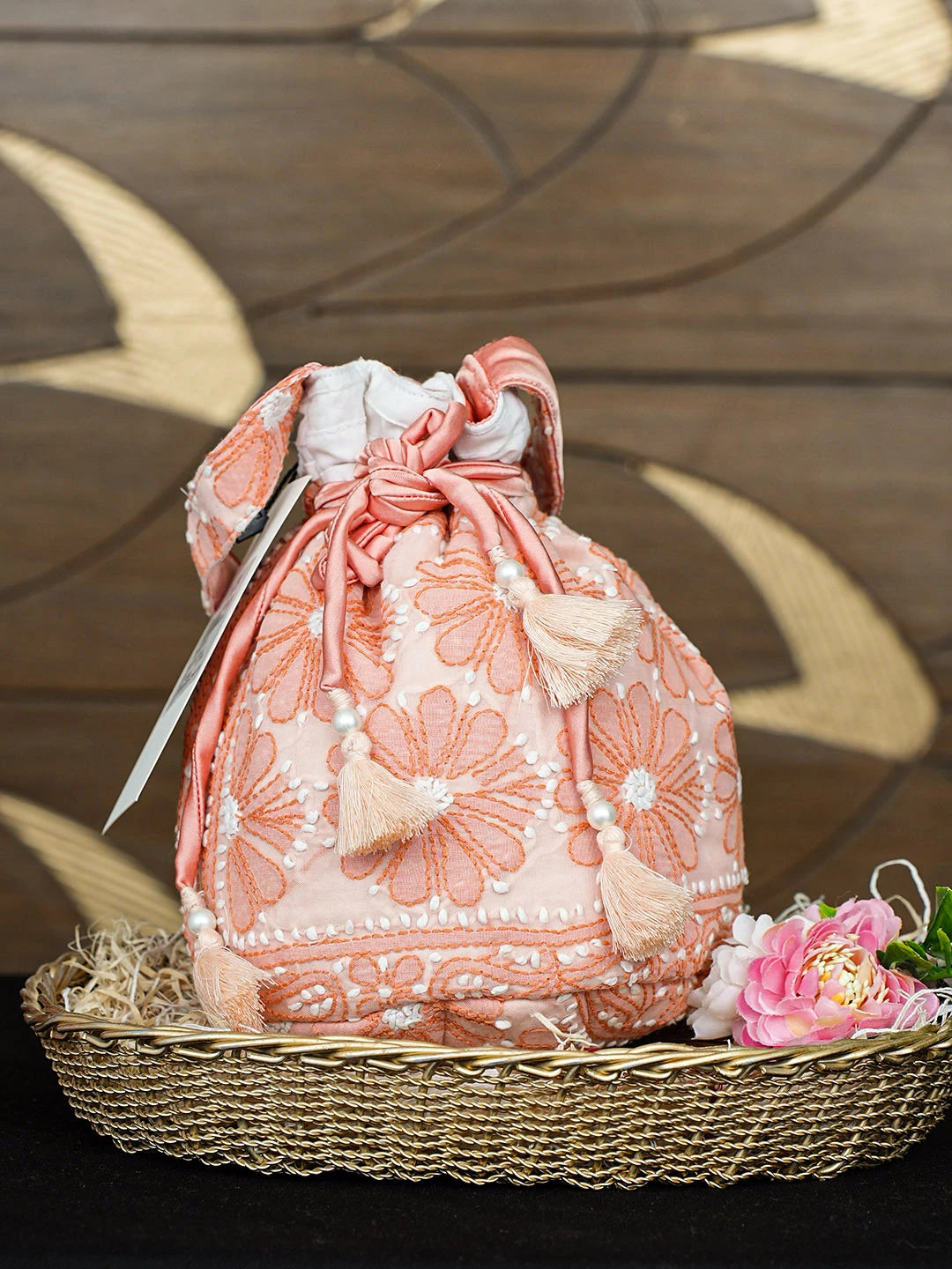 Ada Hand Embroidered Peach Cotton Lucknowi Chikankari Potli Bag 01A937134