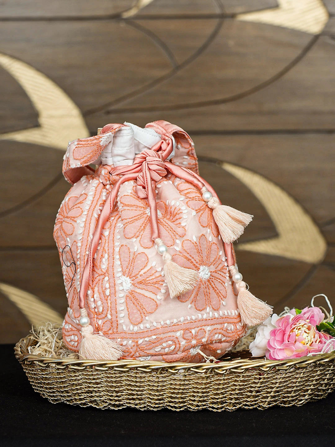 Ada Hand Embroidered Peach Cotton Lucknowi Chikankari Potli Bag 01A937134
