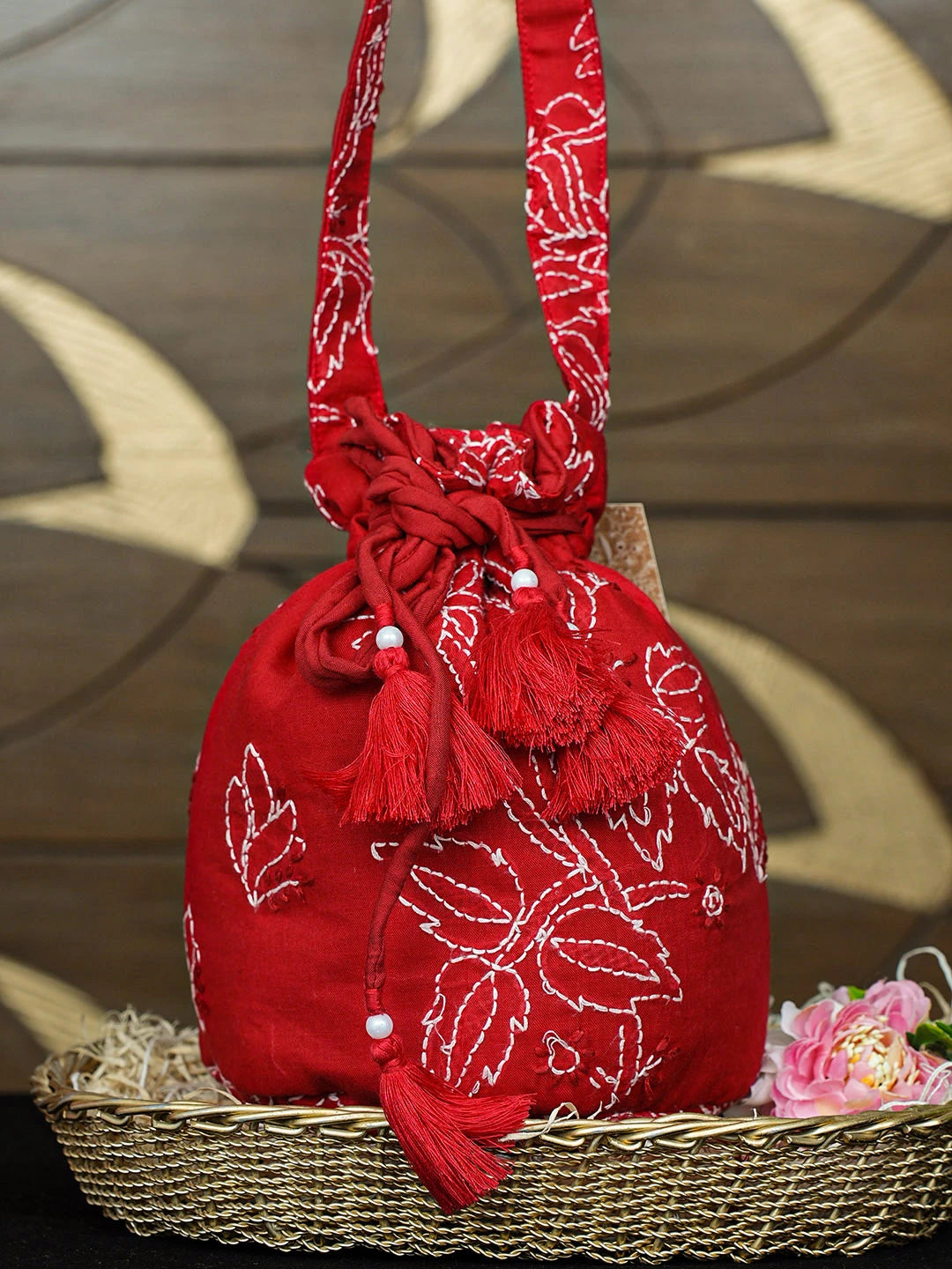 Ada Hand Embroidered Red Cotton Lucknowi Chikankari Potli Bag 01A923045