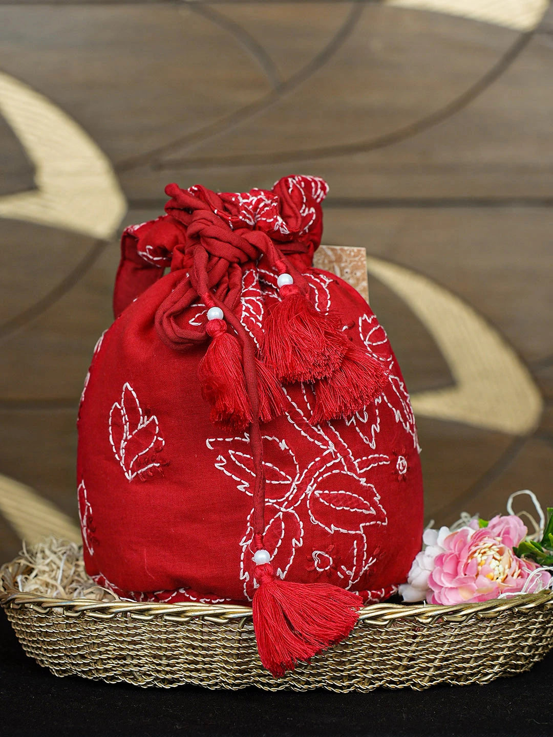 Ada Hand Embroidered Red Cotton Lucknowi Chikankari Potli Bag 01A923045
