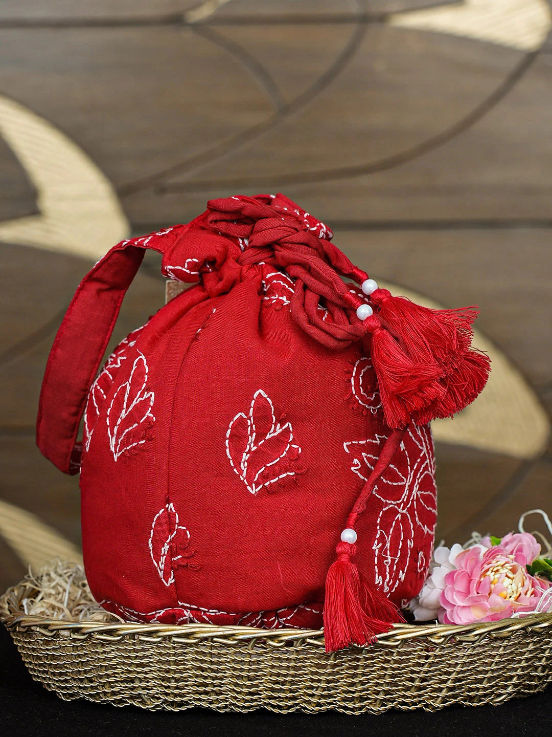Ada Hand Embroidered Red Cotton Lucknowi Chikankari Potli Bag 01A923045