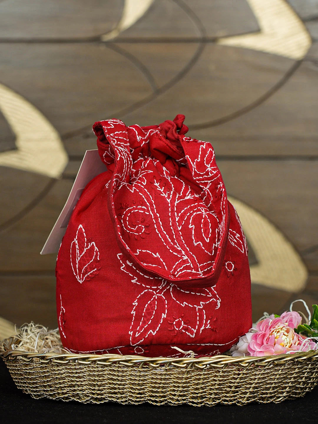 Ada Hand Embroidered Red Cotton Lucknowi Chikankari Potli Bag 01A923045