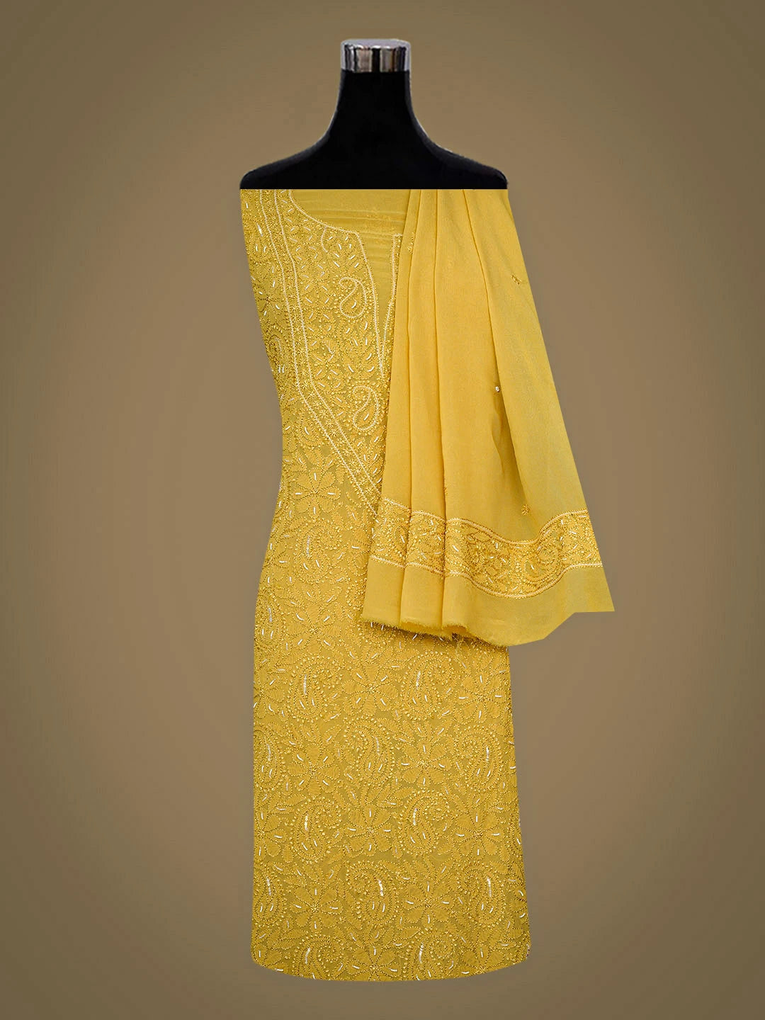 Ada Hand Embroidere Mustard Viscose Georgette Lucknowi Chikankari Unstitched Kurta Dupatta Set With Cutdana Work 01A933554