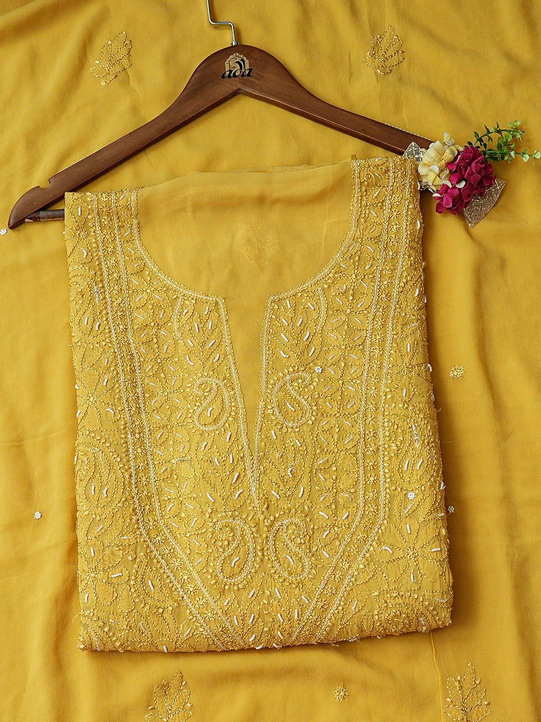 Ada Hand Embroidere Mustard Viscose Georgette Lucknowi Chikankari Unstitched Kurta Dupatta Set With Cutdana Work 01A933554