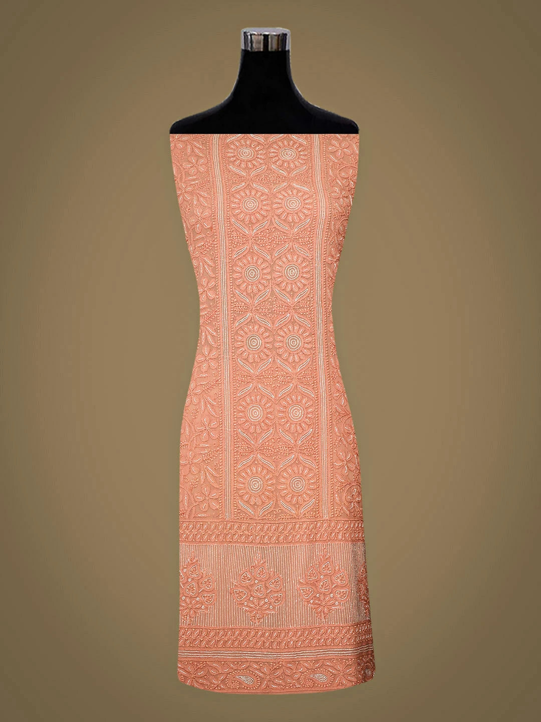Ada Hand Embroidere Peach Viscose Georgette Lucknowi Chikankari Unstitched Kurta Dupatta Set With Cutdana Work 01A850911
