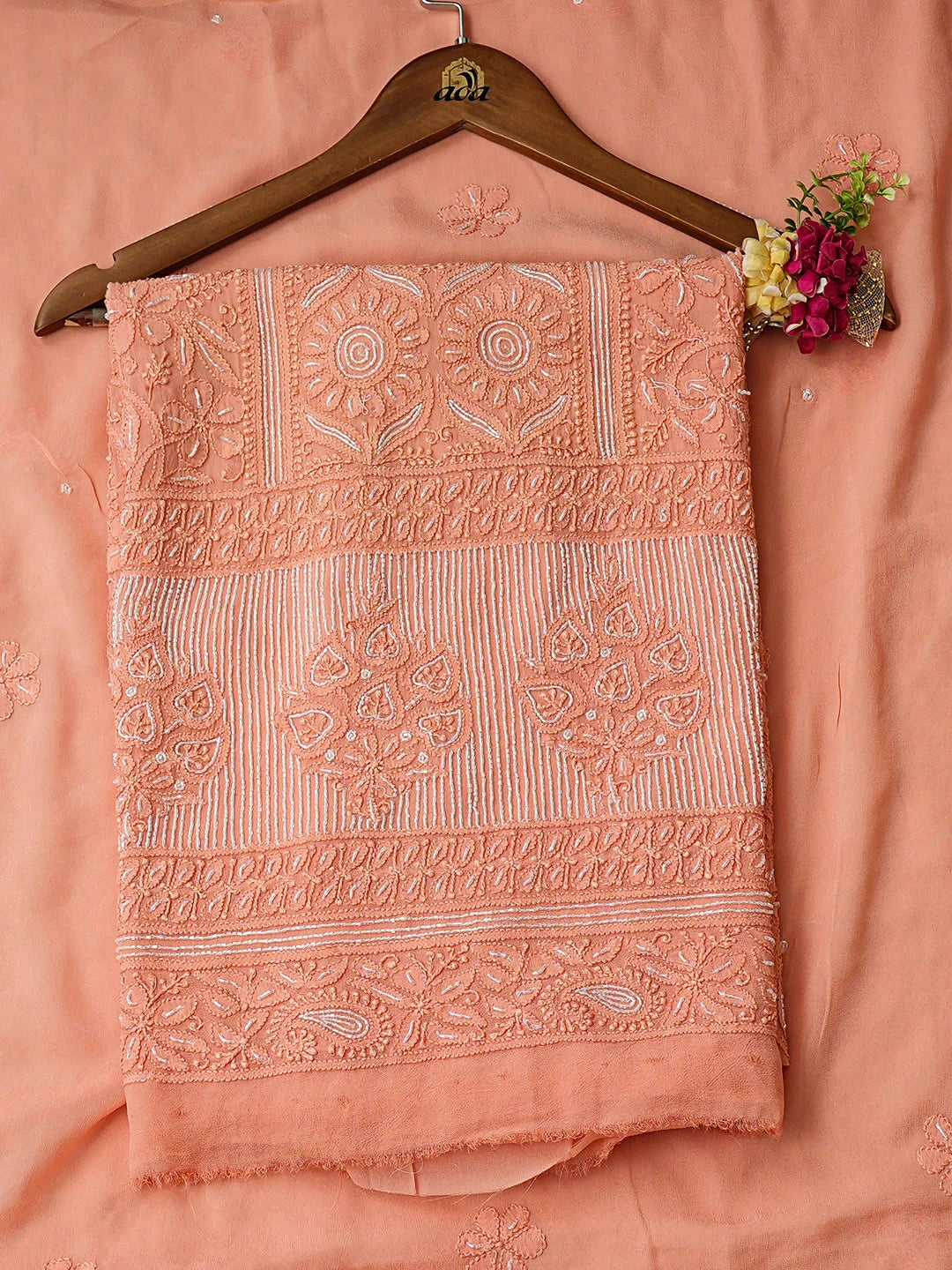Ada Hand Embroidere Peach Viscose Georgette Lucknowi Chikankari Unstitched Kurta Dupatta Set With Cutdana Work 01A850911