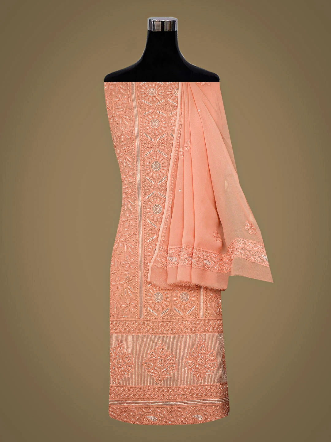 Ada Hand Embroidere Peach Viscose Georgette Lucknowi Chikankari Unstitched Kurta Dupatta Set With Cutdana Work 01A850911