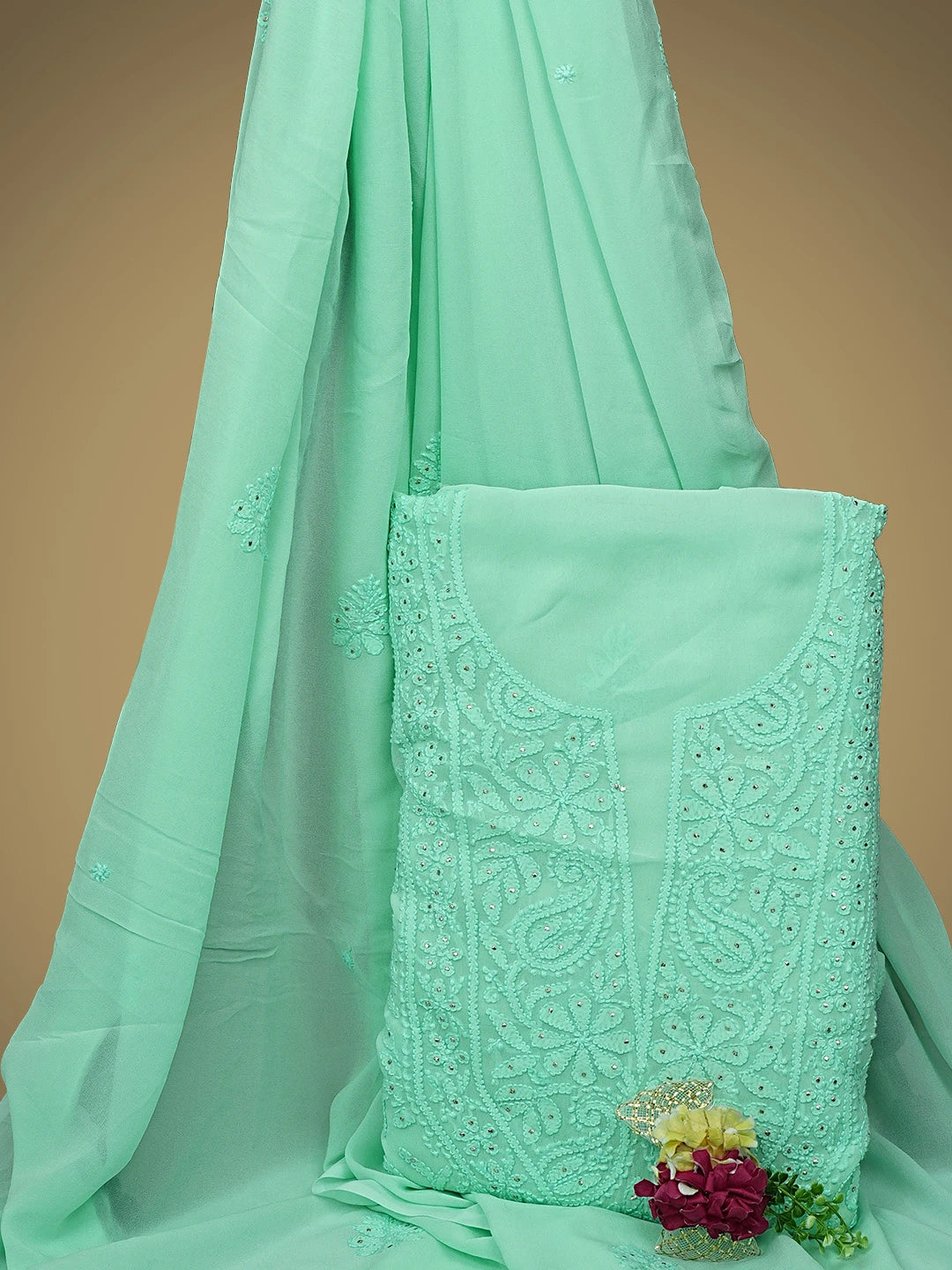 Ada Hand Embroidered Seafoam Green Viscose Georgette Lucknowi Chikankari Unstitched Kurta Dupatta Set With Muqaish Work 01A944695