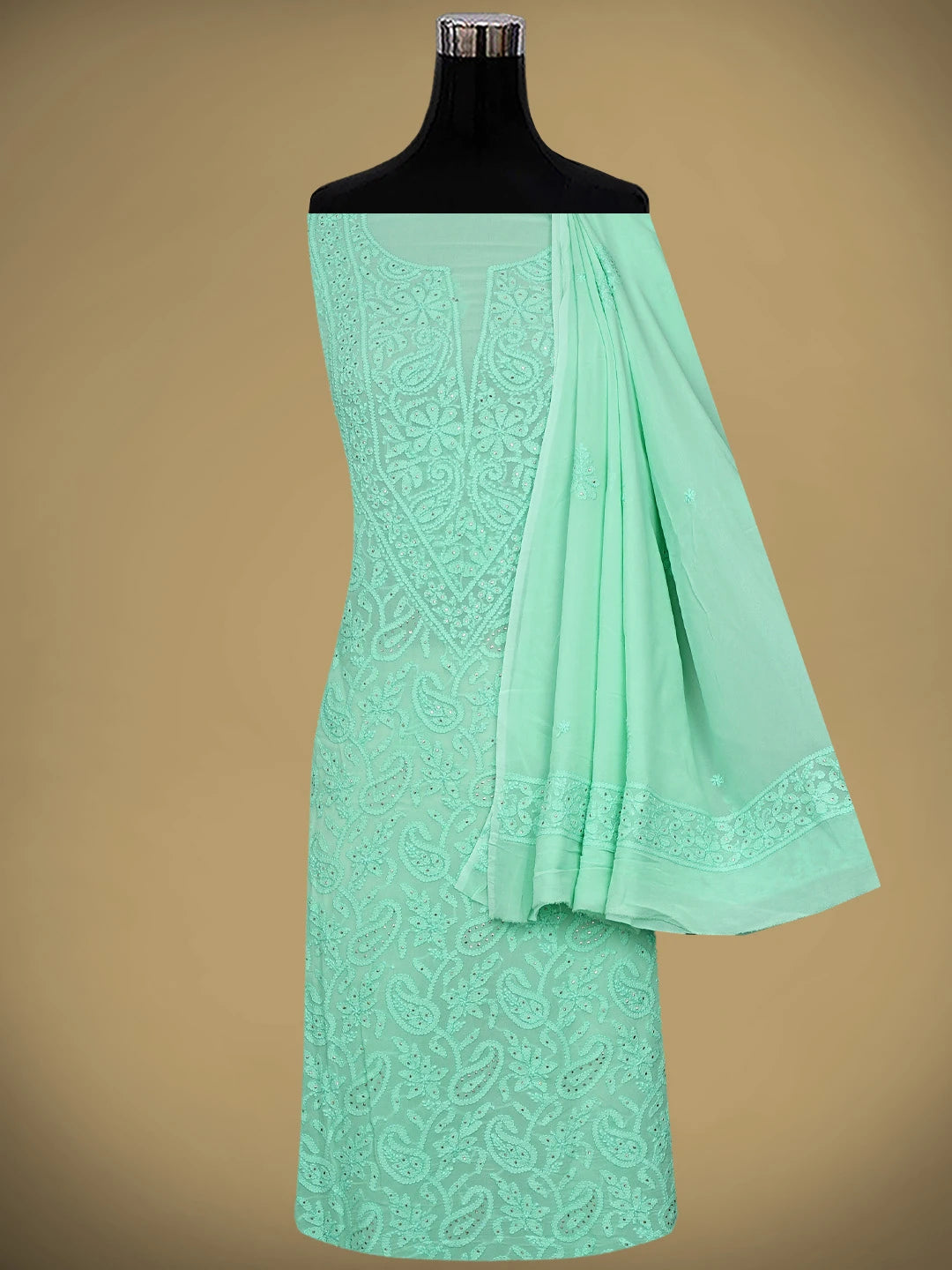 Ada Hand Embroidered Seafoam Green Viscose Georgette Lucknowi Chikankari Unstitched Kurta Dupatta Set With Muqaish Work 01A944695