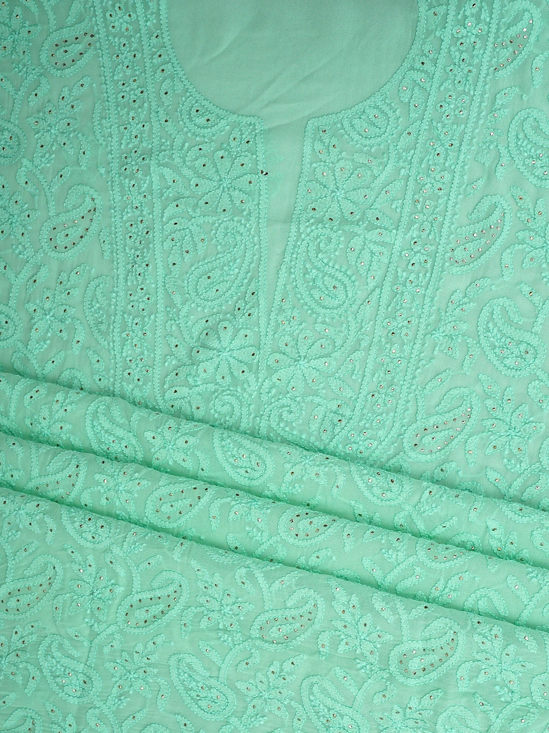Ada Hand Embroidered Seafoam Green Viscose Georgette Lucknowi Chikankari Unstitched Kurta Dupatta Set With Muqaish Work 01A944695