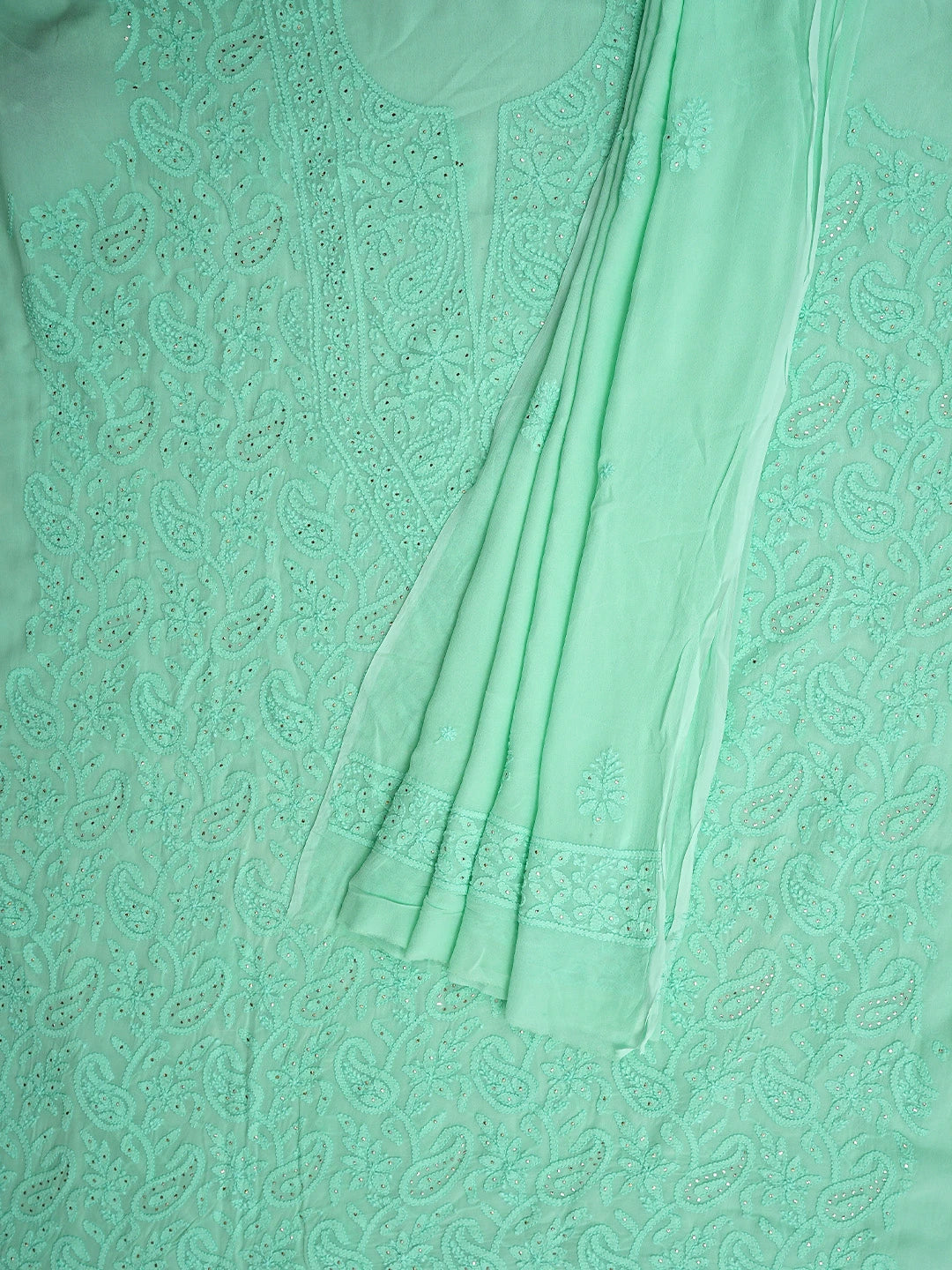 Ada Hand Embroidered Seafoam Green Viscose Georgette Lucknowi Chikankari Unstitched Kurta Dupatta Set With Muqaish Work 01A944695