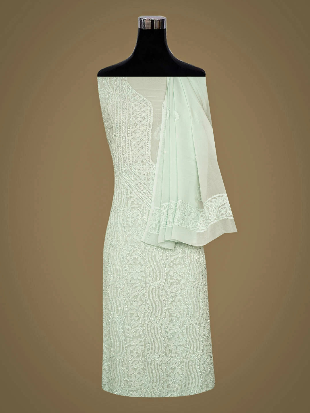 Ada Hand Embroidere Sea Green Viscose Georgette Lucknowi Chikankari Unstitched Kurta Dupatta Set With Cutdana Work 01A933557