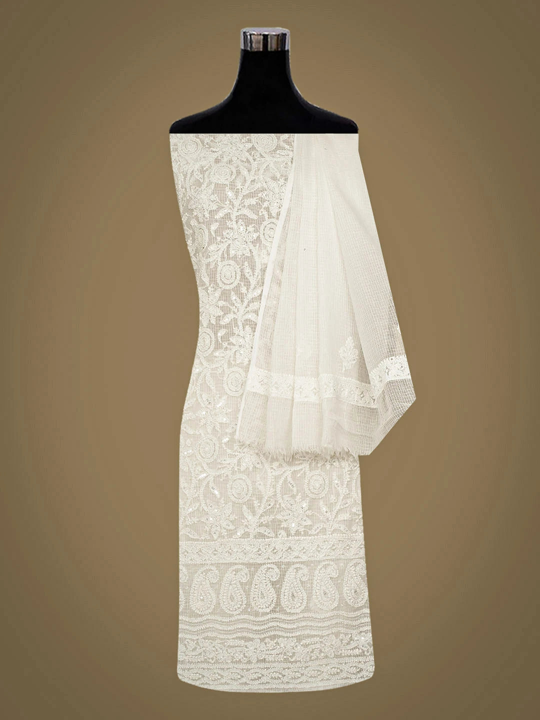 Ada Hand Embroidere White Kota Lucknowi Chikankari Unstitched Kurta Dupatta Set With Cutdana Work 01A583977