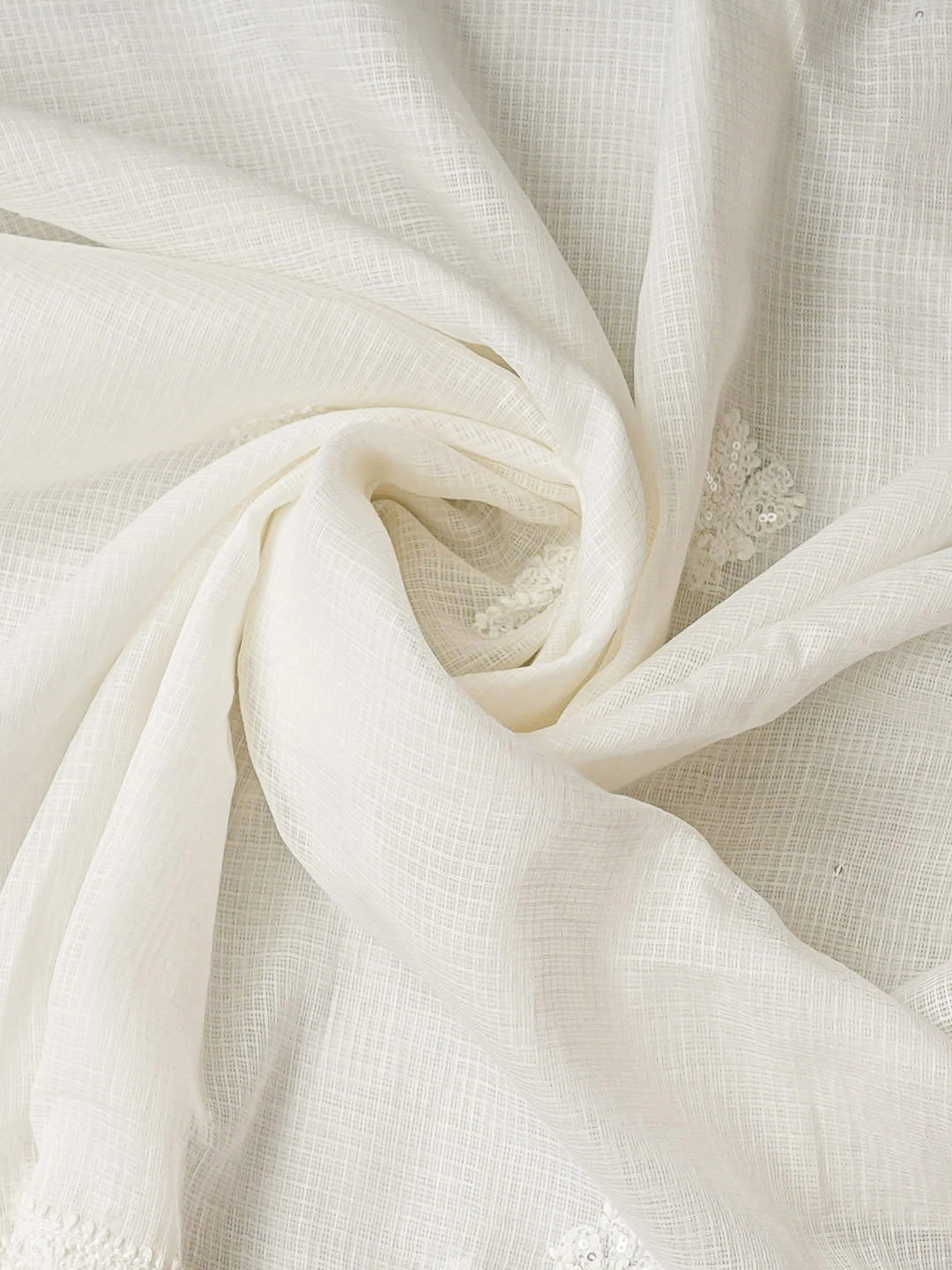 Ada Hand Embroidere White Kota Lucknowi Chikankari Unstitched Kurta Dupatta Set With Cutdana Work 01A583977